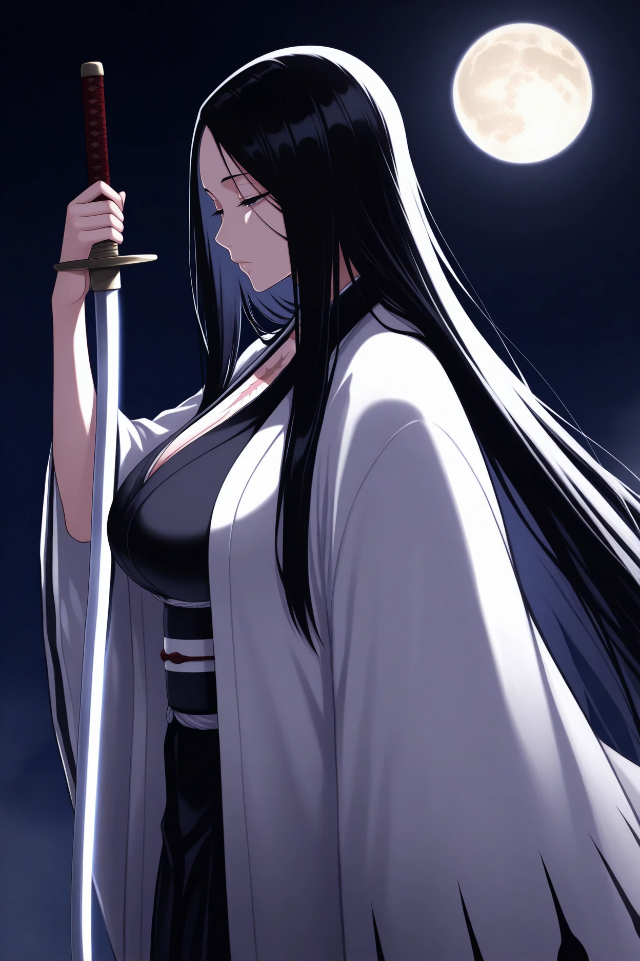 masterpiece, best quality, 1girl, solo, <lora:unohanaretsu-illu-nvwls-v1_1-000007:1> yach1ru, black hair, very long hair, dark blue eyes, large breasts, white haori, wide sleeves, black kimono, obi, black hakama, holding sword, night sky, moon, from side, half-closed eyes, expressionless, desaturated, scar on chest, large breasts