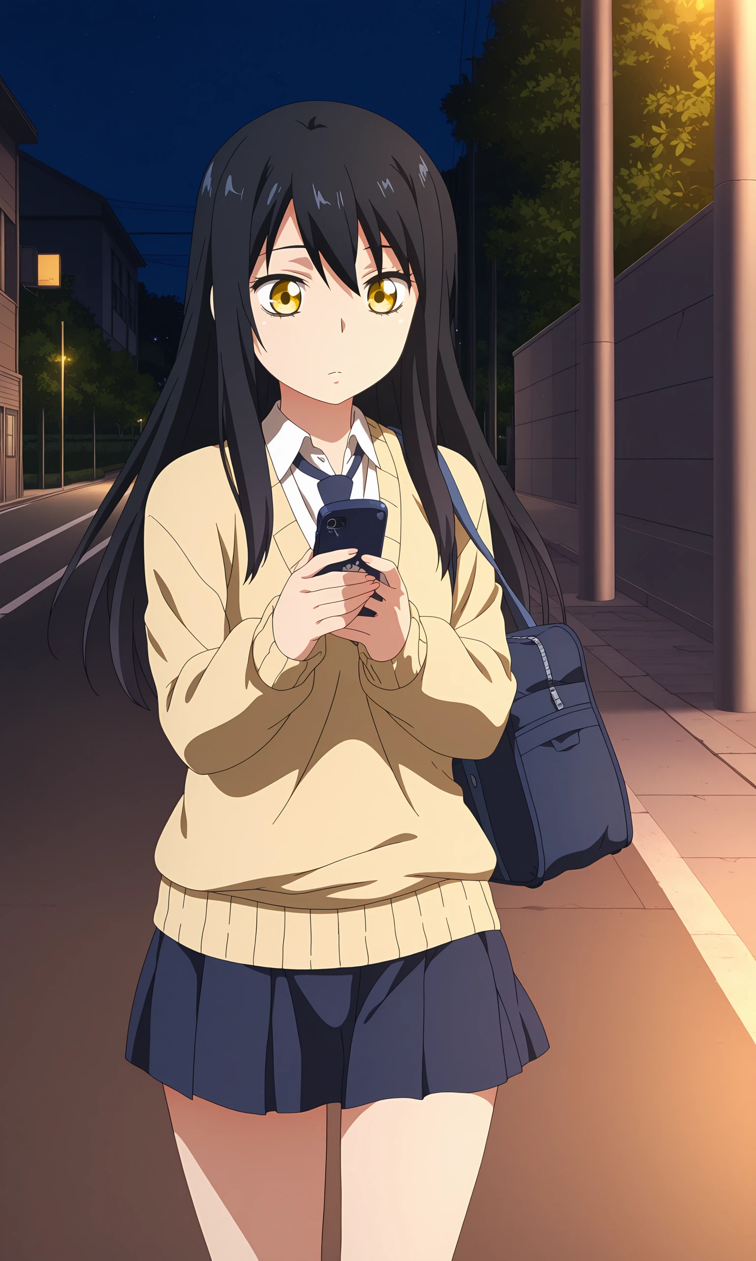 anime coloring, (anime screencap) masterpiece, detailed face, <lora:Miko:0.8>, miko, 1girl, phone, cellphone, solo, skirt, smartphone, yellow eyes, long hair, black hair, bag, necktie, school uniform, night, road, holding phone, school bag, sweater, pleated skirt, street, outdoors
Show less