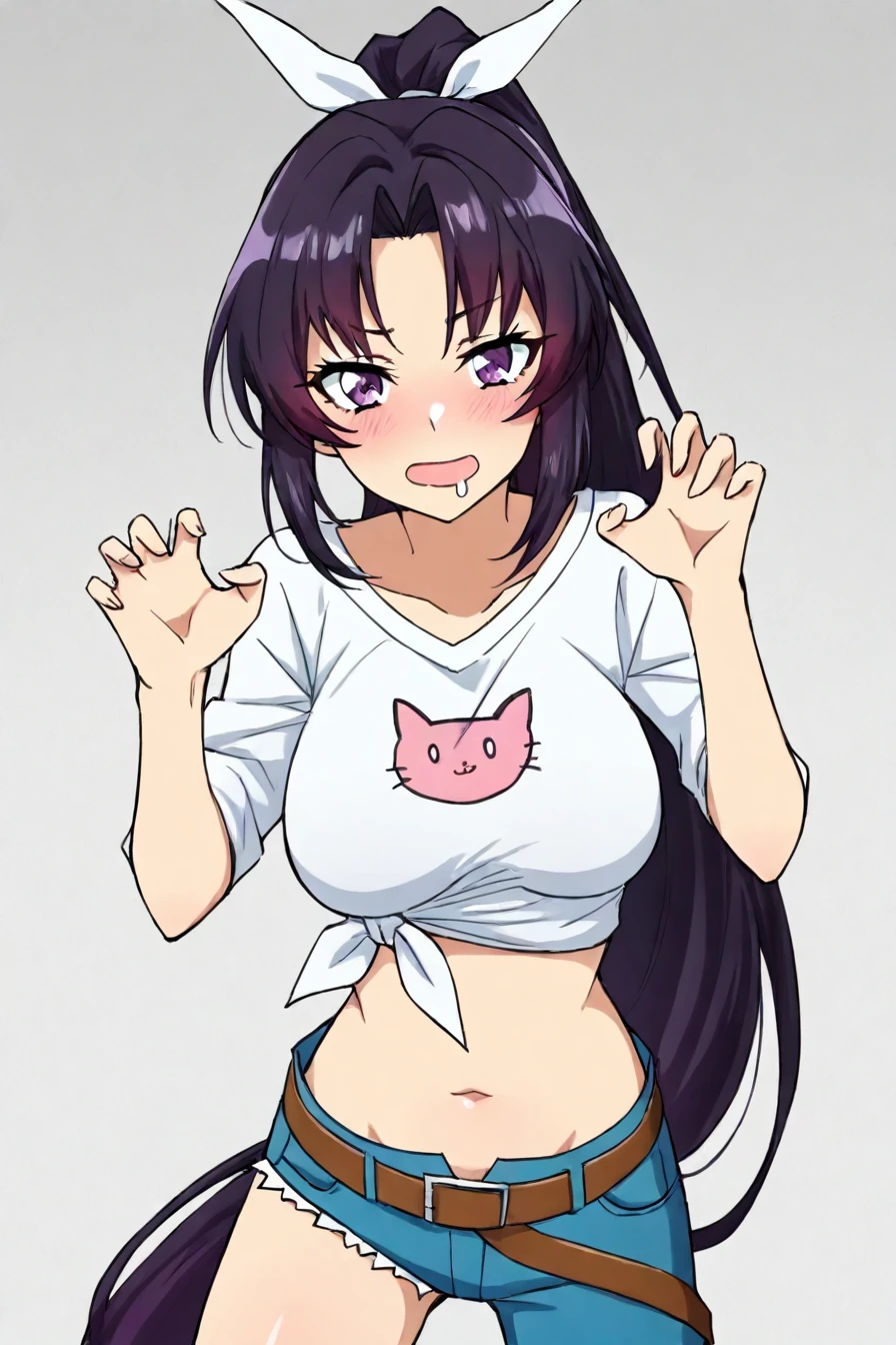 looking at the viewer, asymmetrical clothes, navel, purple eyes, very long hair, tied shirt, midriff, hair ribbon, single pantsleg, white shirt, ponytail, black hair, large breasts, jeans, white ribbon, brown belt, purple hair, asymmetrical legwear, 1girl, solo, alone,  <lora:pervert_face_and_pose_illustriousXL-000009:0.8>,  claw pose, mouth drool, blush,masterpiece, highres