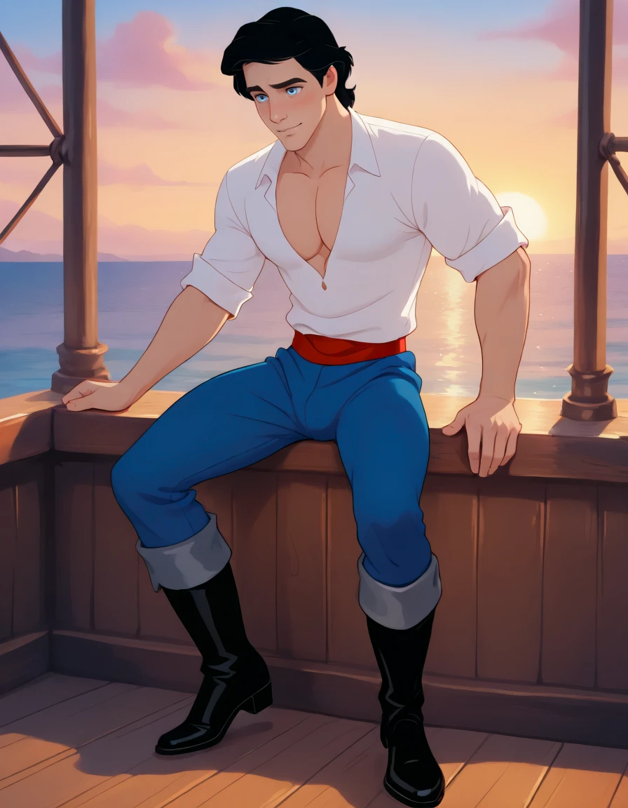 masterpiece, best quality, amazing quality, very aesthetic, high resolution, ultra-detailed, absurdres, newest, colorful, rim light, backlit, highest detailed, very awa, <lora:Prince_Eric_Illust:0.8> 1boy, male focus, prince_eric, black hair, blue eyes, white shirt, pectoral cleavage, pectorals, red belt, blue pants, black boots, muscular male, parody, solo, on a ship at sea