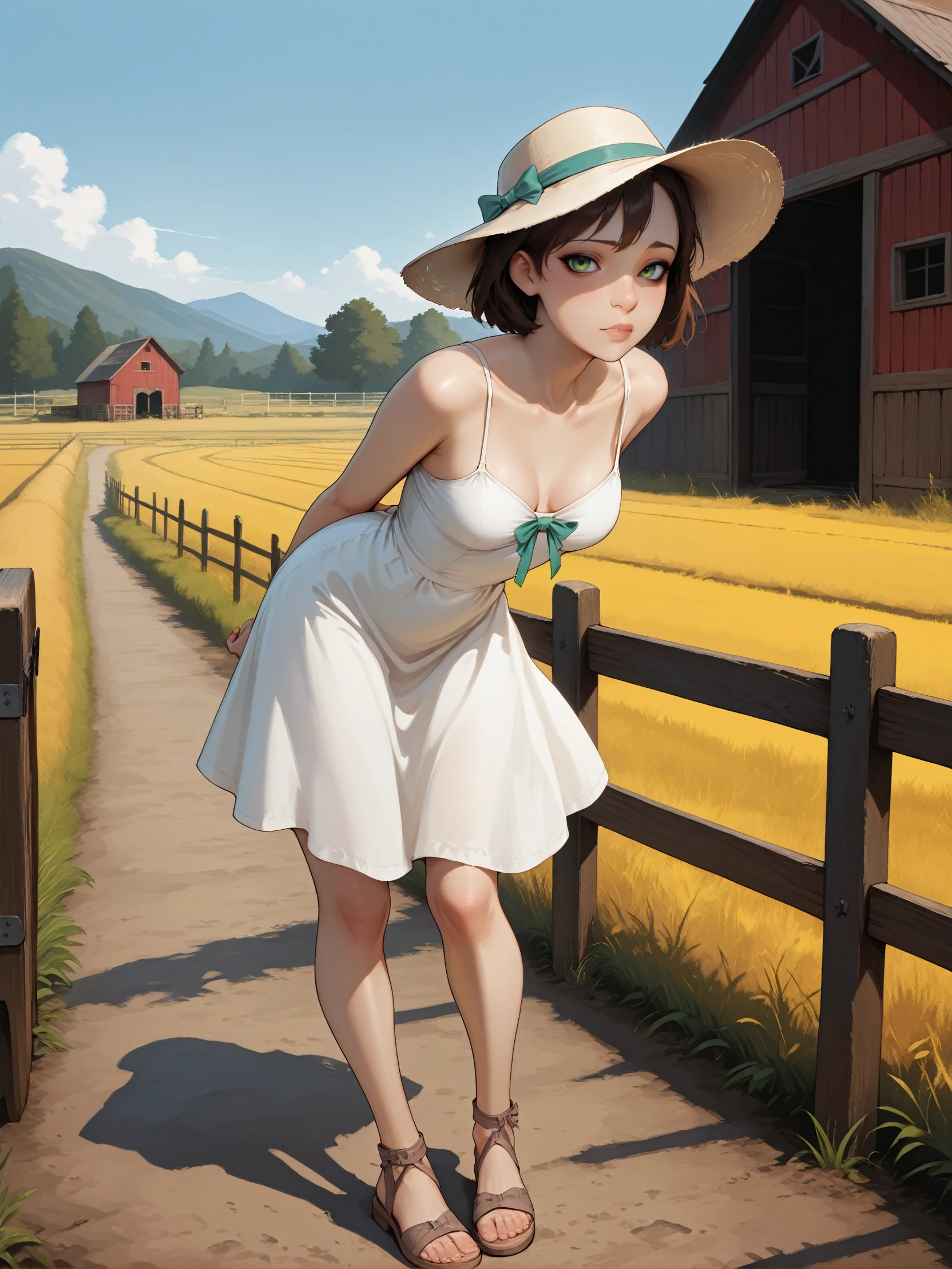 masterpiece, best quality, amazing quality, very aesthetic, absurdres, newest,
<lora:ILWolfFaith:1.0>
WolfFaith, 1girl, brown hair, green eyes, short hair, bow, looking at viewer, white sundress, arms behind back, leaning forward, spaghetti straps, sandals, full body, sun hat, farm, fence, barn, blue sky