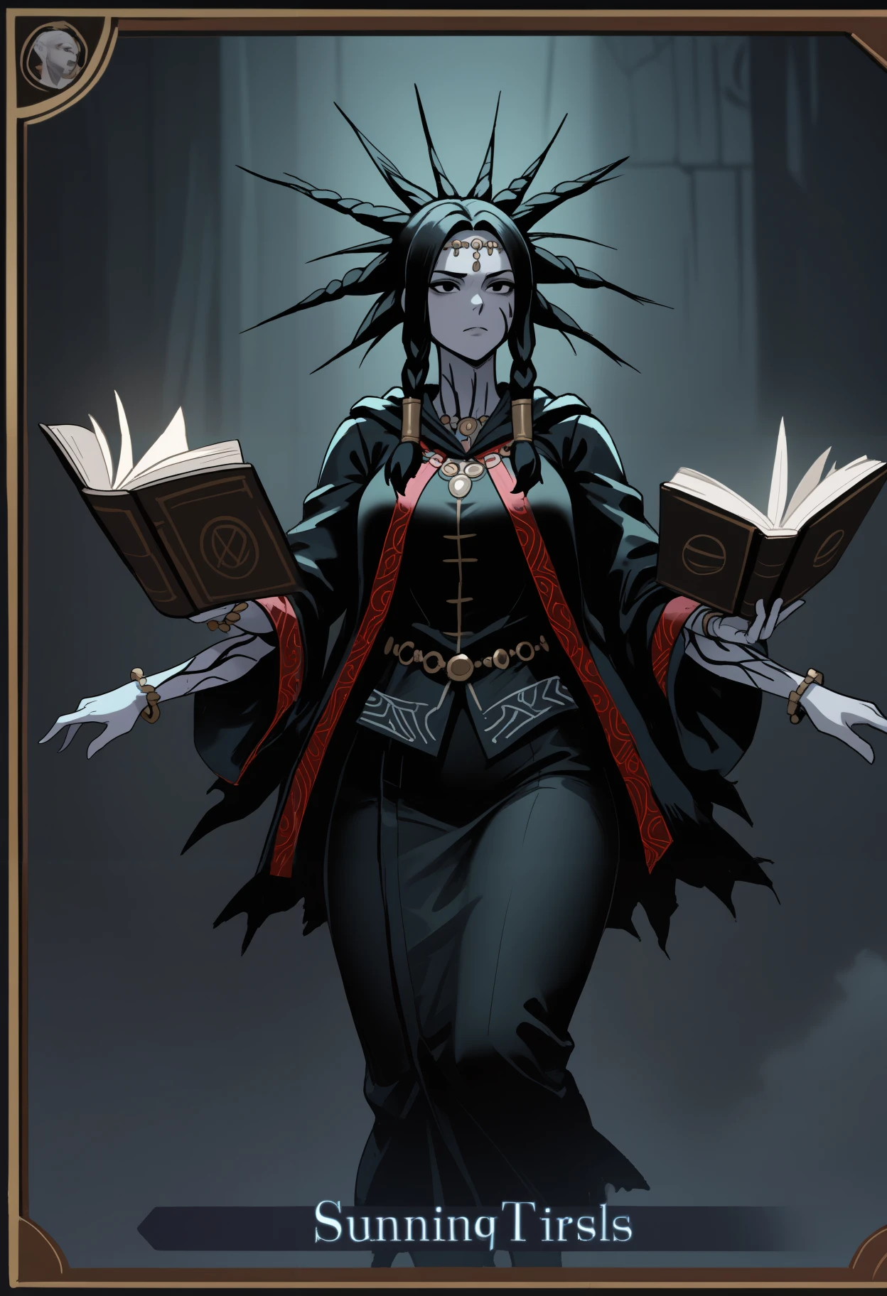 masterpiece, best quality, newest, hdr, dark, 1girl, floating,
fi0d1, circlet, necklace, black robe, red trim, wide sleeves, long sleeves, black cloak, bracelet, long hair, black hair, twin braids, spiked hair, hair tubes, black eyes, tattoo, facial tattoo, colored skin, grey skin, extra arms, floating book, floating scroll,
card, card \(medium\), trading card, card parody, looking ahead, looking to the side, serious,
<lora:Fool's Idol:1>