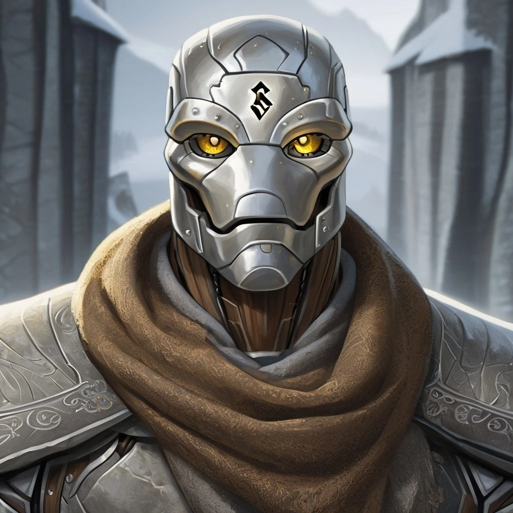 (((detailed, beautiful, high quality))), score_9, score_8_up, score_7_up, upper body, solo, 
warforged, robot monster, metal body, black sclera, rune on forehead, wooden hinges,
1 male, yellow eyes, gray skin, brown scarf,
looking at the viewer, posing, 
fantasy background, blurred background,