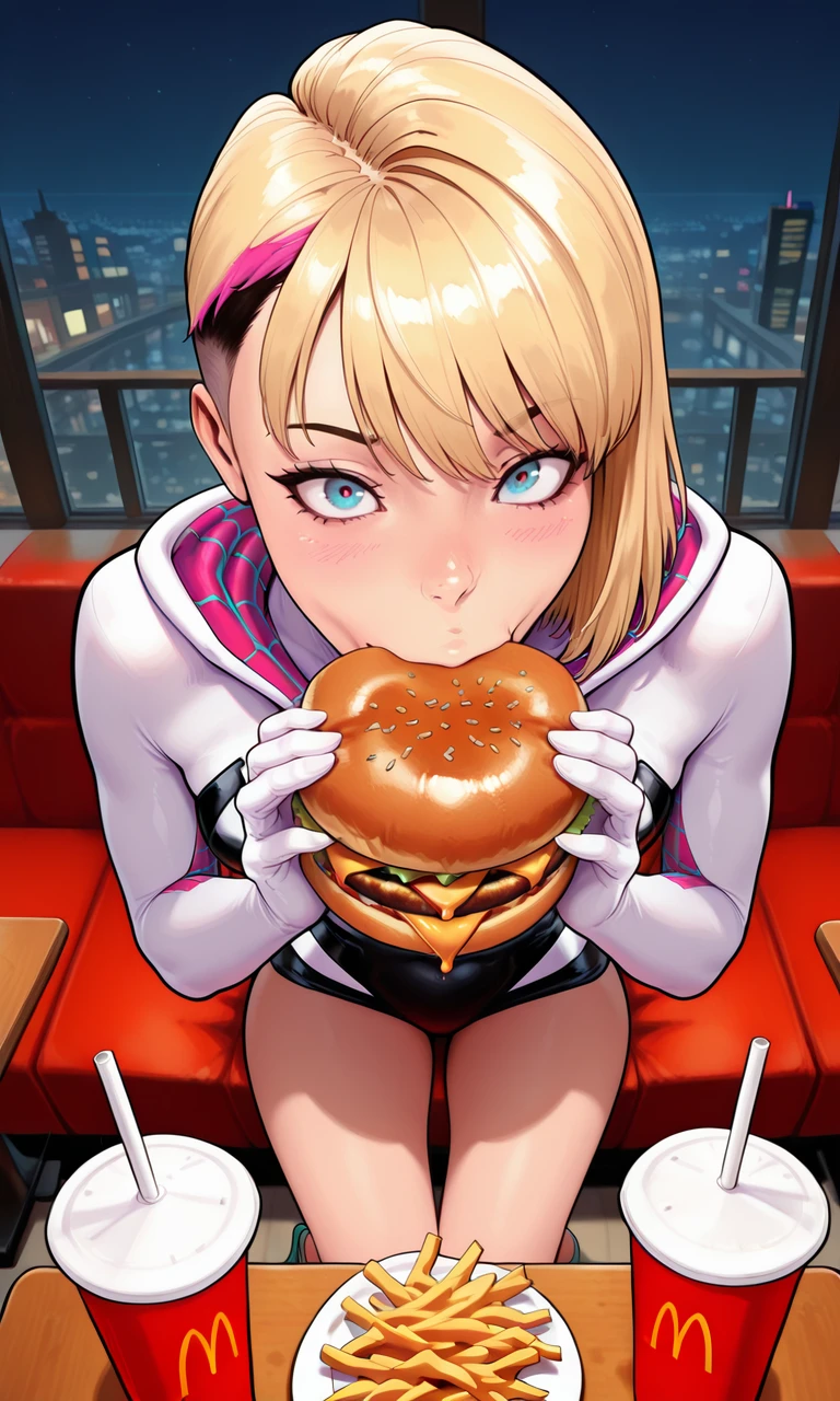 embedding:IllusP0s, artist:schmedefus3, 1girl, gwen stacy, undercut, blonde hair, pink highlights, eating hamburger, holding, indoors, fast foot, mcdonalds, french fries, soda, short hair, night, table, from above, embedding:IllustriousQual, embedding:Smooth Quality,<lora:artist_schmedefus3_ill.safetensors:1.0:1.0>