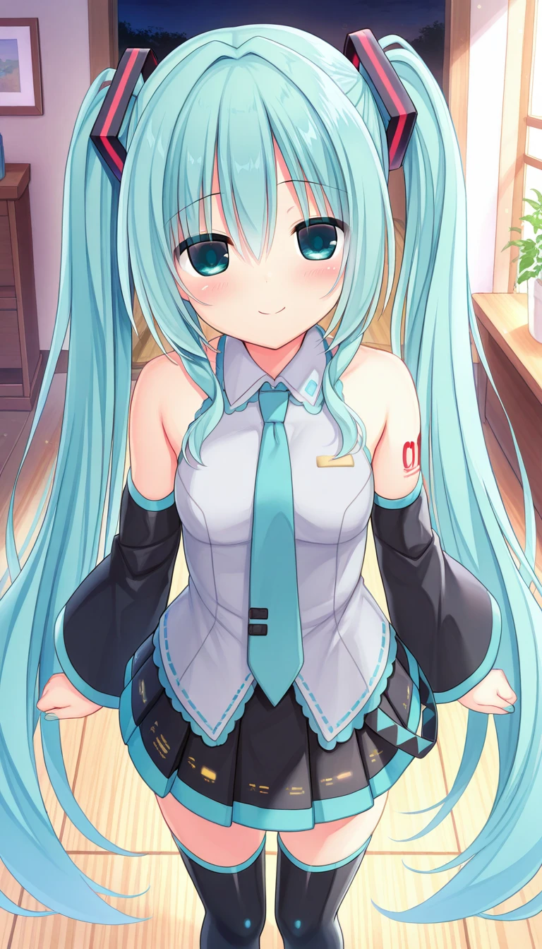 (masterpiece),best quality,amazing quality,very aesthetic,absurdres,newest,perfect body,shiny skin,perfect eyes,detail1eye,well-defined fingers,well-defined fingernails,anime style,indoors,1girl,solo,upper body,(portrait:1.5),looking at viewer,facing viewer,smile,blush,Utsunomiya Tsumire style,hatsune miku,absurdly long hair,aqua hair,twintails,hair ornament,sidelocks,hair between eyes,parted bangs,aqua eyes,white shirt,collared shirt,bare shoulders,sleeveless shirt,aqua necktie,detached sleeves,black sleeves,shoulder tattoo,fringe,black thighhighs,miniskirt,pleated skirt,zettai ryouiki,thigh boots,<lora:Hatsune Miku(voc)-Illus-Remake:1.8>,<lora:Utsunomiya Tsumire[style]-Illus:1.6>,