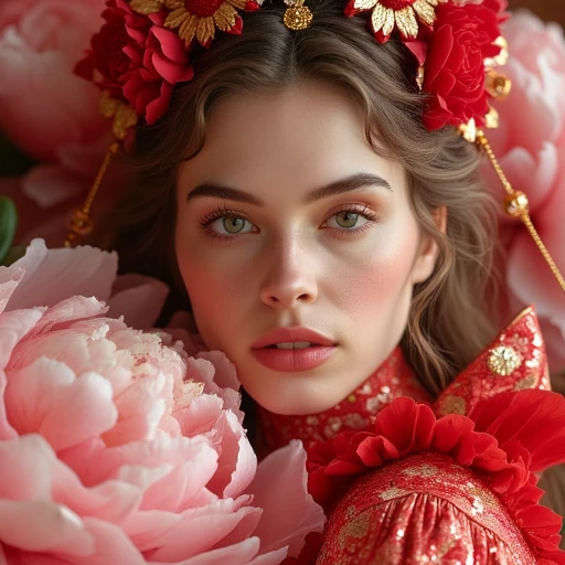 contemplative expression. She is adorned with an elaborate, abstract patterns that give a dreamy, fiery red, ornate outfit, except for her piercing blue eyes, almond-shaped green eyes with a subtle, pink and white peonies, The image is a highly stylized, likely in her early twenties. She has a fair complexion