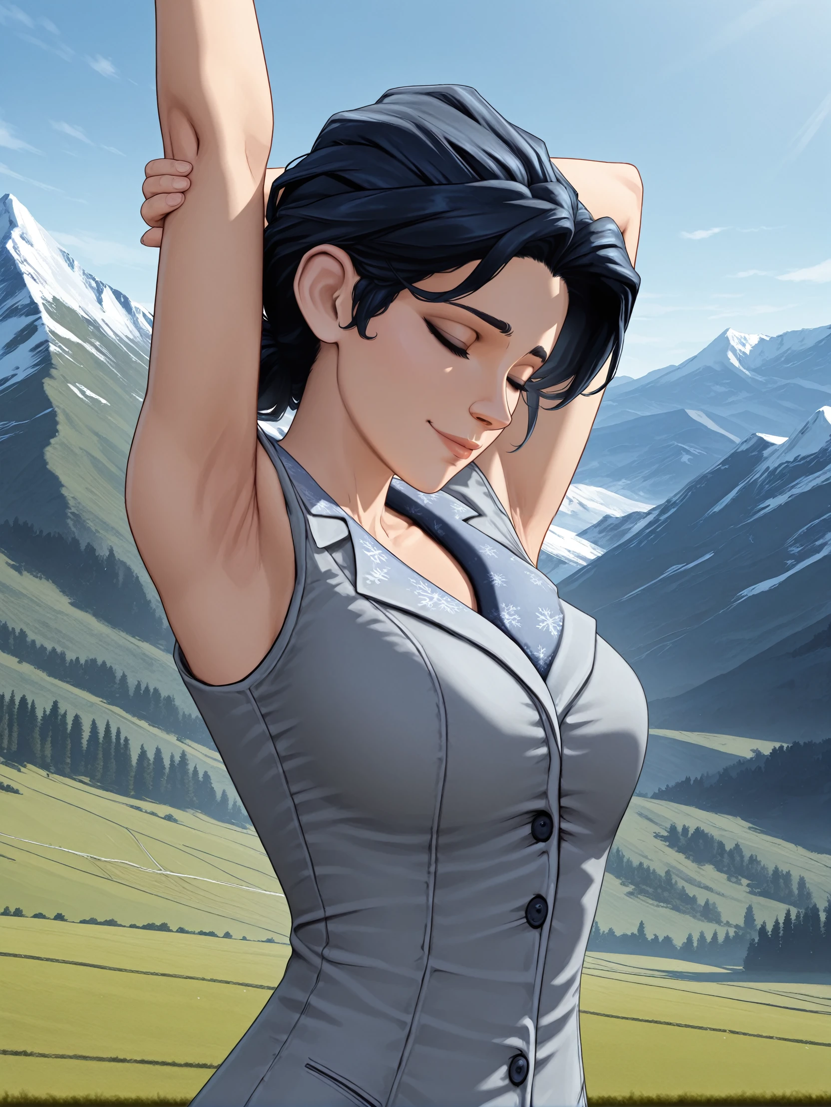 masterpiece, best quality, amazing quality, very aesthetic, absurdres, newest,
<lora:ILWolfSnow:1.0>
WolfSnow, 1girl, black hair, blue eyes, looking at viewer, arm behind head, closed eyes, smile, armpit, stretching, arm up, blue sky, landscape, mountains, hills