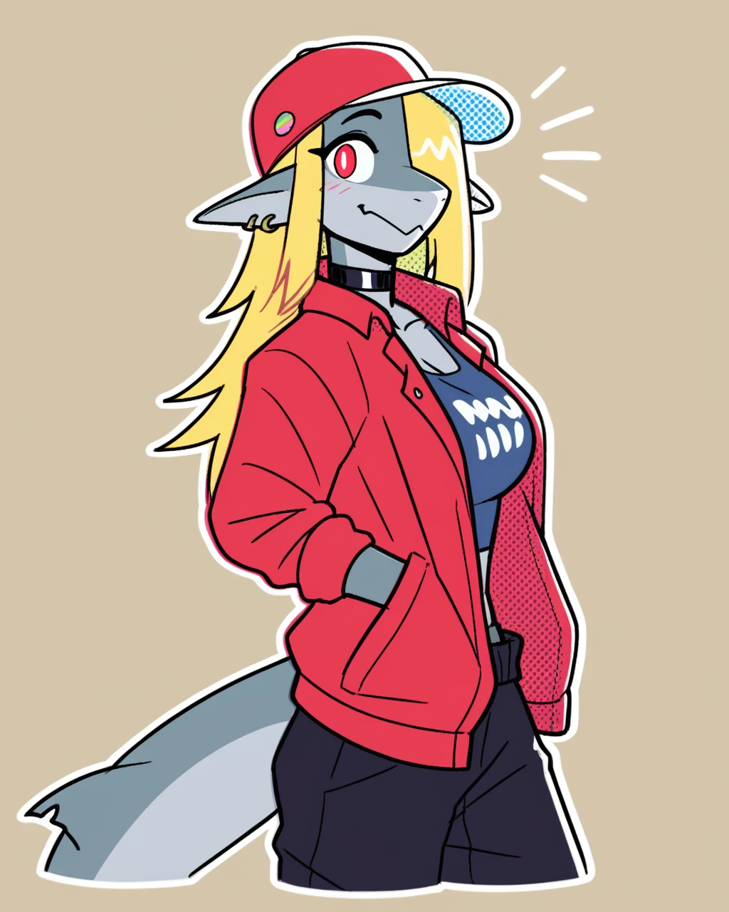 score_9_up, score_8_up, score_7_up, score_6_up, by remanedur, half-length portrait, blonde hair, hair over eye, large breasts, shark, red eyes, grey skin, female, long hair, red hat, headphones, unaware, ear piercing, red open jacket, fingerless gloves, fish tail, shark tail, pointy ears, choker, arm warmers, black baggy pants, solo, sneakers, happy, three-quarter view, head tilt, tail, simple background, white outline, <lora:Leah_Pines(AIM)_XL_v1:0.15> <lora:PDXL_artist_tags_v2_big:0.5> <lora:The-Minuscule-Task_PDXL_v1.0:0.6> <lora:Rosebud_Lobsteritus:0.65>