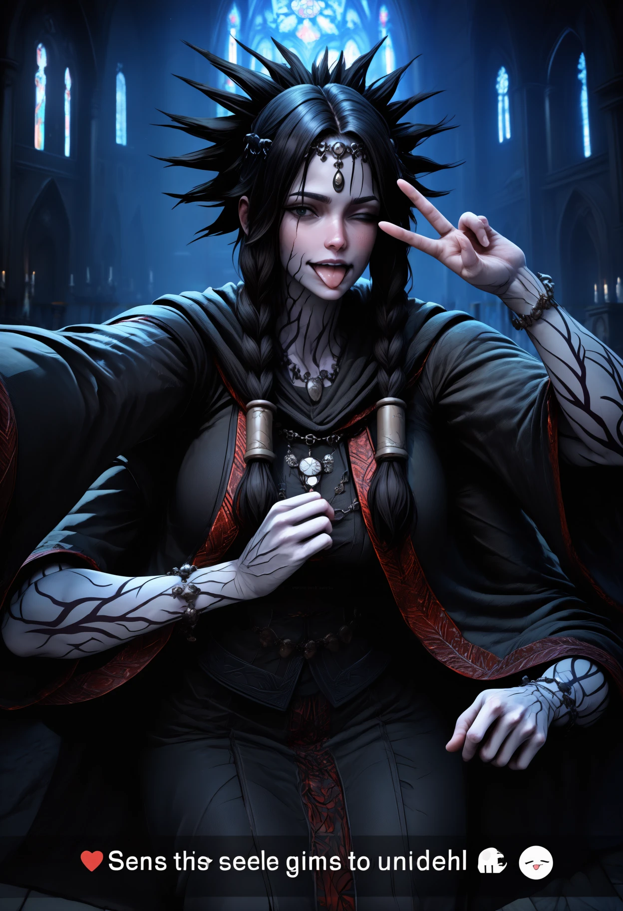 masterpiece, best quality, newest, hdr, dark, night, indoors, church, altar, 1girl, solo, floating,
fi0d1, circlet, necklace, black robe, red trim, wide sleeves, long sleeves, black cloak, bracelet, long hair, black hair, twin braids, spiked hair, hair tubes, black eyes, tattoo, facial tattoo, colored skin, grey skin, extra arms,
selfie, recording, snapchat, tongue out, one eye closed, v over eye, happy,
<lora:Fool's Idol:1>