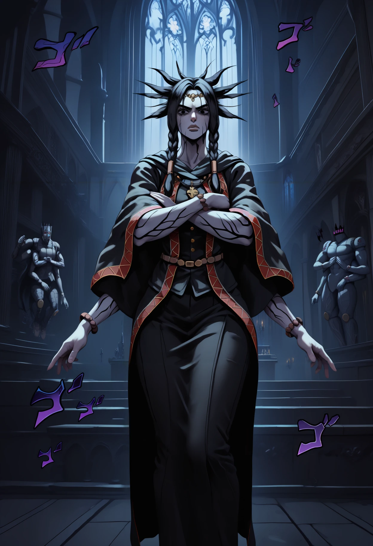 masterpiece, best quality, newest, hdr, dark, night, indoors, church, altar, 1girl, floating,
fi0d1, circlet, necklace, black robe, red trim, wide sleeves, long sleeves, black cloak, bracelet, long hair, black hair, twin braids, spiked hair, hair tubes, black eyes, tattoo, facial tattoo, colored skin, grey skin, extra arms,
stand \(jojo\), jojo pose, menacing \(jojo\), crossed arms, serious,
<lora:Fool's Idol:1>