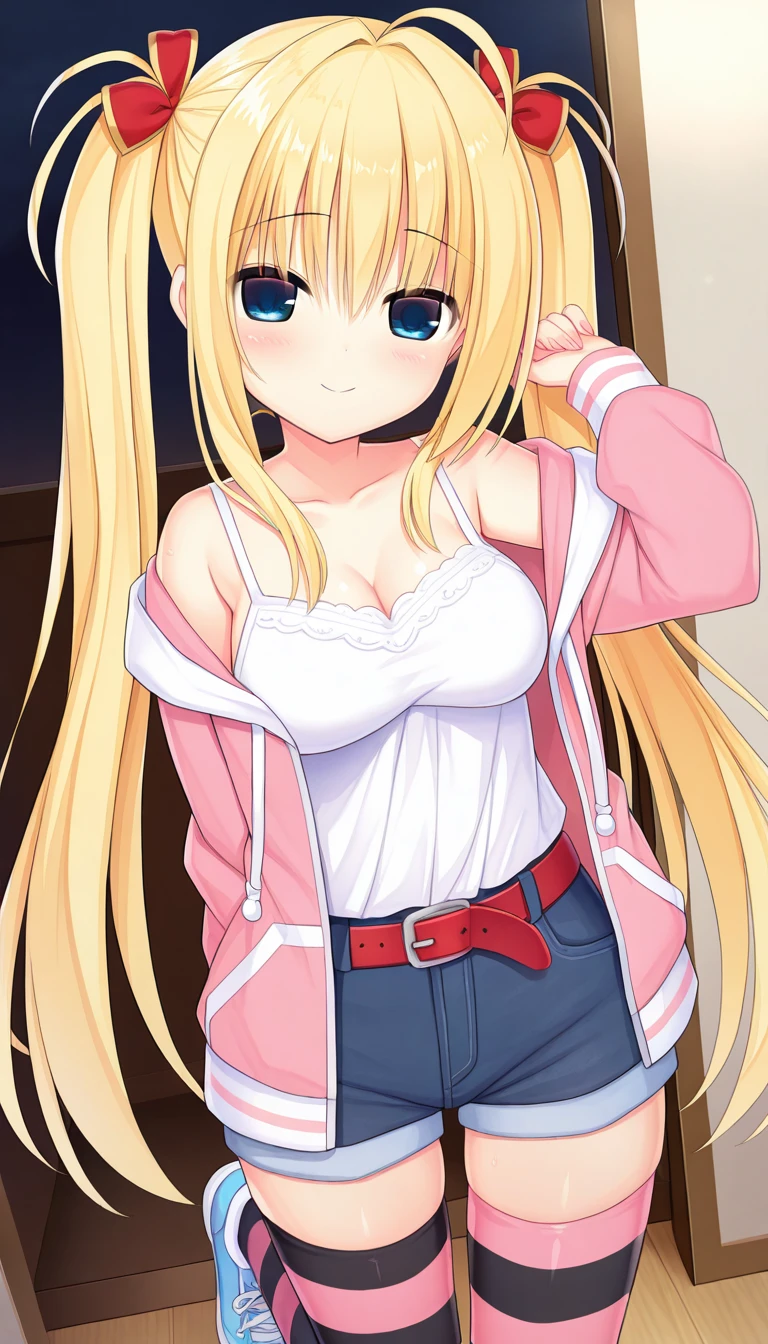 (masterpiece),best quality,amazing quality,very aesthetic,absurdres,newest,perfect body,shiny skin,perfect eyes,detail1eye,well-defined fingers,well-defined fingernails,anime style,indoors,1girl,solo,upper body,(portrait:1.5),looking at viewer,facing viewer,smile,blush,Utsunomiya Tsumire style,Airi Akizuki,ahoge,very long hair,blonde hair,high twintails,hair ribbon,red ribbon,bangs,blue eyes,collarbone,pink jacket,white camisole,long sleeves,medium breasts,red belt,denim shorts,shorts rolled up,zettai ryouiki,two-tone thighhighs,pink thighhighs,black thighhighs,striped thighhighs,sneakers,<lora:Airi Akizuki(oc)-Illus:1.6>,<lora:Utsunomiya Tsumire[style]-Illus:1.6>,