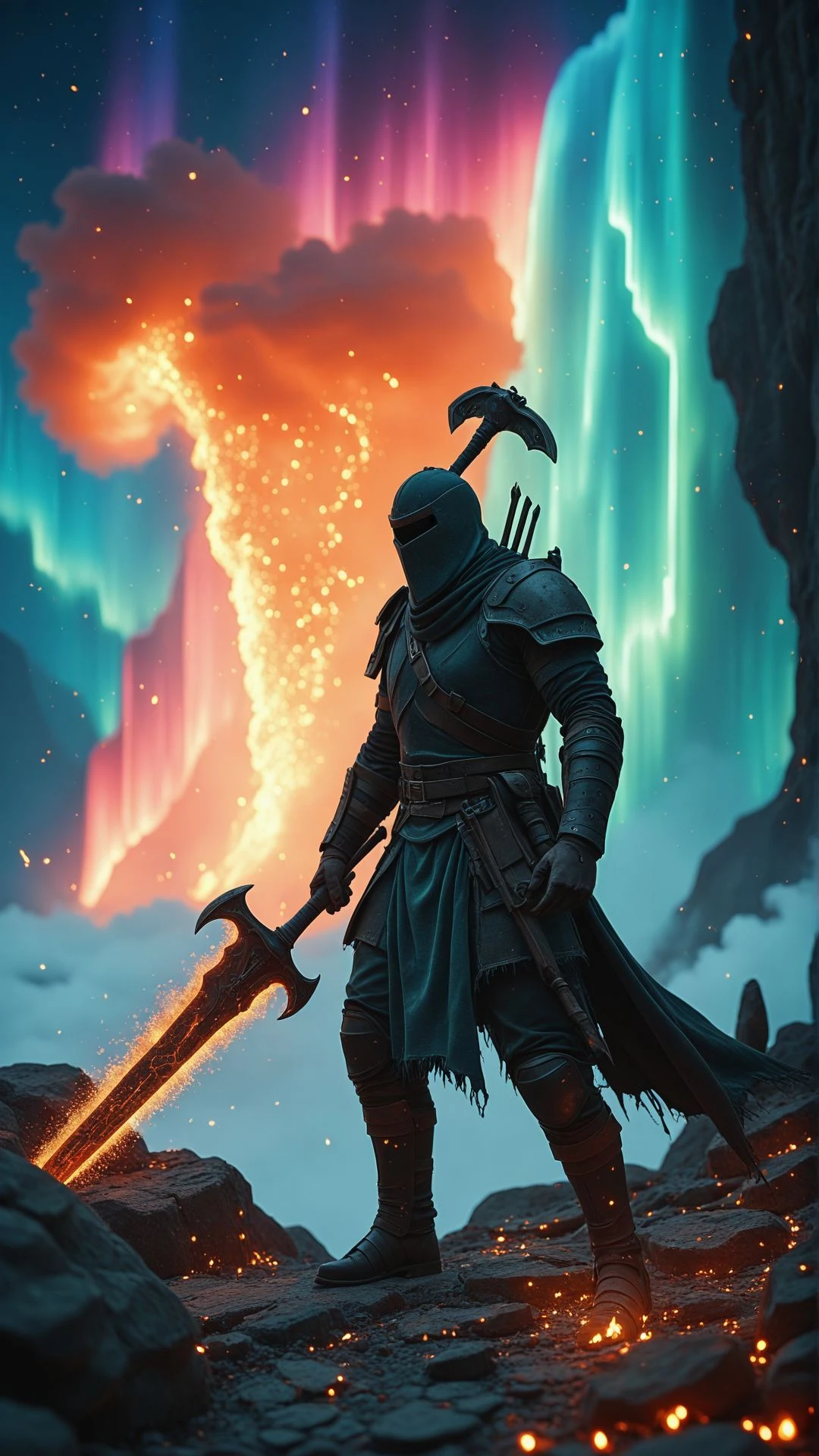 "Beneath a sky split in half—one side blazing with a fiery aurora, the other cloaked in eternal night—an ancient battlefield lies frozen in time. Soldiers made of ash stand mid-charge, their weapons suspended mid-air. The ground beneath them pulses faintly, and every few moments, fragments of their forms dissolve into glowing embers before reforming."
,aidmaMJ6.1 <lora:aidmaMJ6.1_v0.5_IL:1>