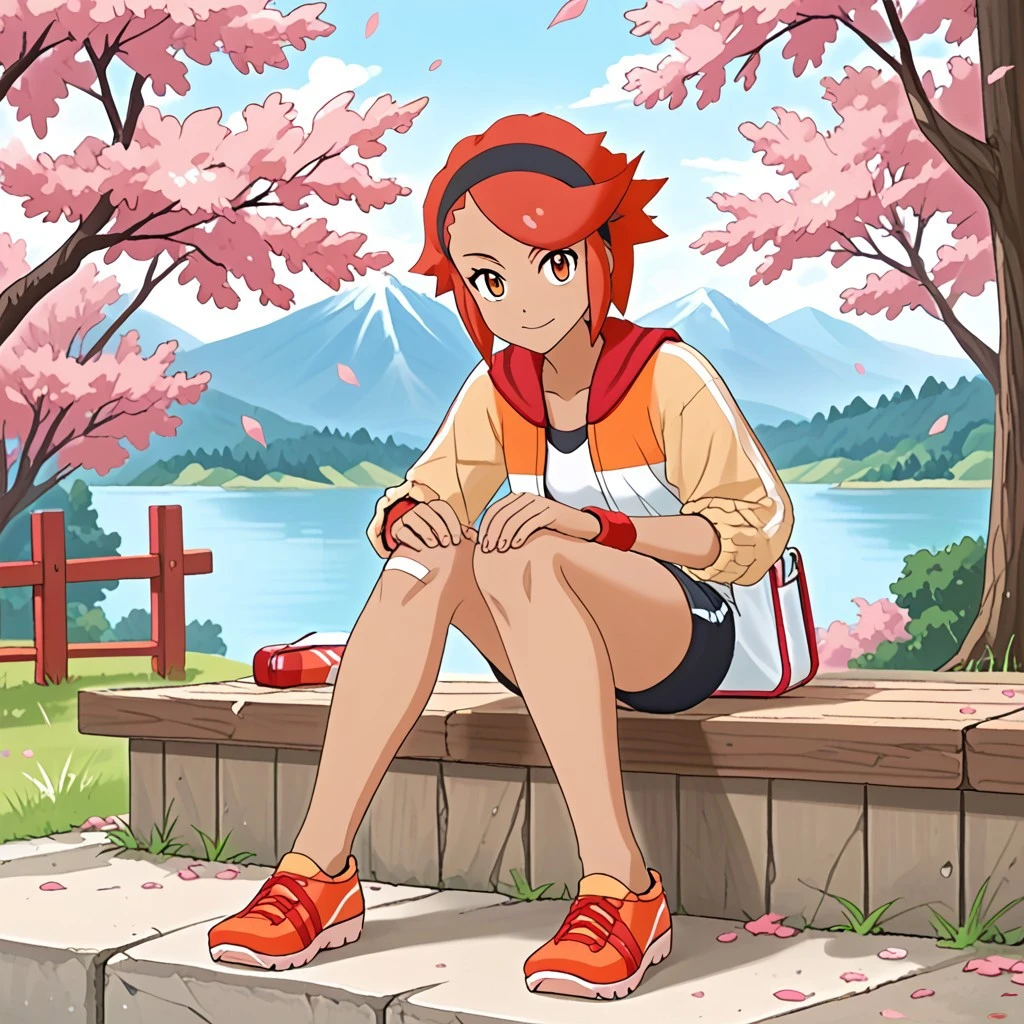 2d, 1girl, solo, sitting, cherry blossoms, mountain, sunshine, clear sky, colorful, woods, pmtina, tina, tina_\(pokemon\), red_hair, short_hair, black_hairband, dark_skinned_female, orange_and_white_jacket, white_jacket, open_jacket, black_sports_bra, black_shorts, red_wristband, sneakers, orange_footwear, (bandaid_on_knee:0.6), bag, score_9,score_8_up,score_7_up,source_anime, masterpiece, best quality, amazing quality