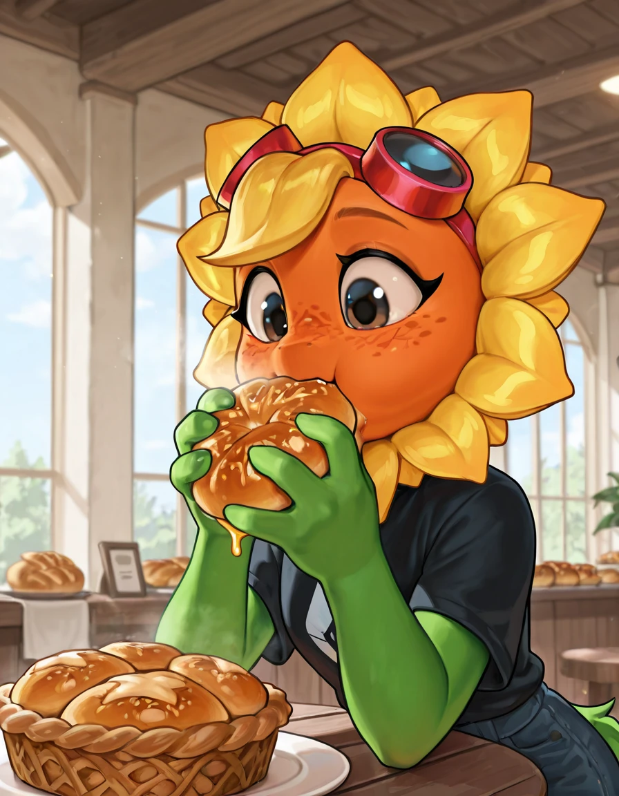 masterpiece, best quality, amazing quality, very aesthetic, high resolution, ultra-detailed, absurdres, newest, scenery, furry, anthro,
<lora:solar_flare_pvz:1>, solar_flare_pvz, flower, plant, eyewear_on_head, goggles_on_head, freckles, green_body, eyelashes, orange_face, 1girl, female, solo, clothed, clothing, stting down, eating, bakery
BREAK, detailed background, detailed hair, depth of field, detailed fluffy fur, photorealistic details, volumetric lighting