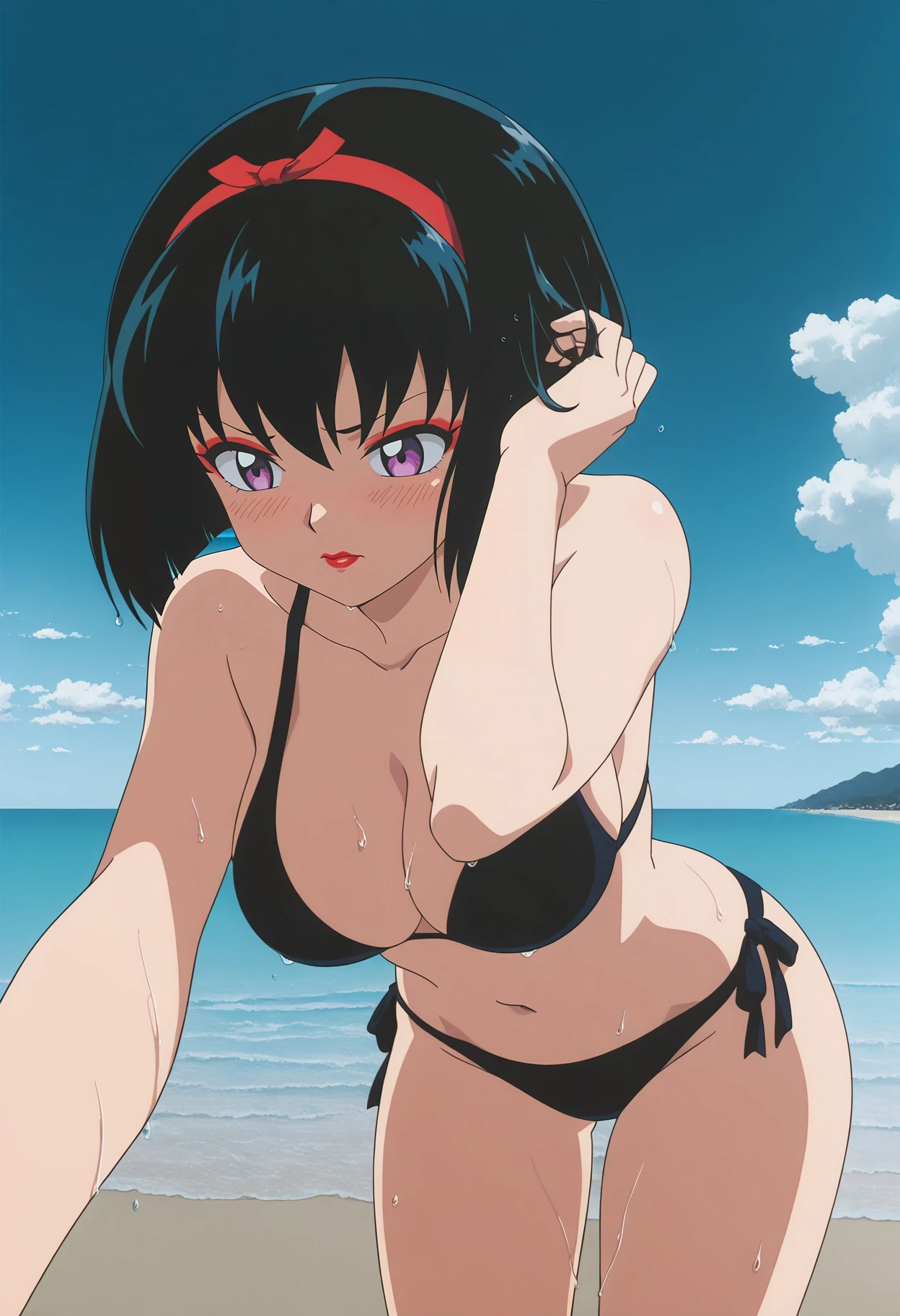 masterpiece、Best Quality、1 girl、Looking at the viewer、Very detailed、Maypia、 Agent Aika Style、blue eyes、Redhead、bangs、short hair、（（tall、Slender Body、Small breasts））、(Wearing a white micro bikini）、Shiny red lips、