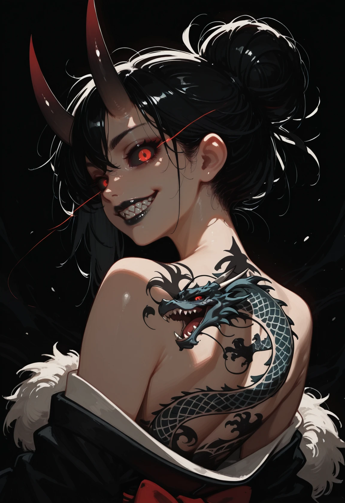 masterwork, masterpiece, best quality, dynamic lighting , dynamic pose
(lineless:1.5) ,<lora:B-mixxxlora:1.5>
ndark theme, dark background, upper body, looking at viewer, kimono, fur trim, off shoulder, dragon tattoo multiple tattoos, lips, red eyes, black hair, black sclera, black lips, eye trail, shaded face, evil grin, oni horns, sharp teeth, messy hair, hair bun, crazy eyes, back tattoo