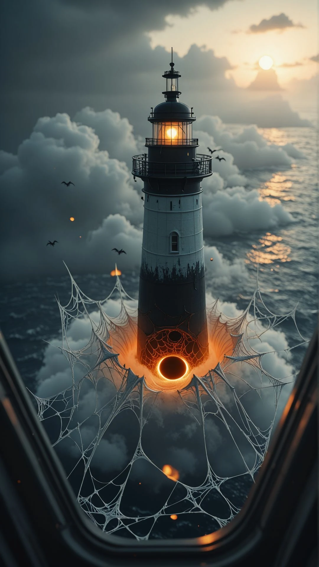"In a world of perpetual twilight, a lone lighthouse towers above a sea of clouds, its light replaced by a pulsating black hole. Ships made of spider silk glide silently through the air, their sails catching invisible winds. On the deck of each ship, ghostly figures clad in armor made of shattered mirrors whisper to the void."
,aidmaMJ6.1 <lora:aidmaMJ6.1_v0.5_IL:1>