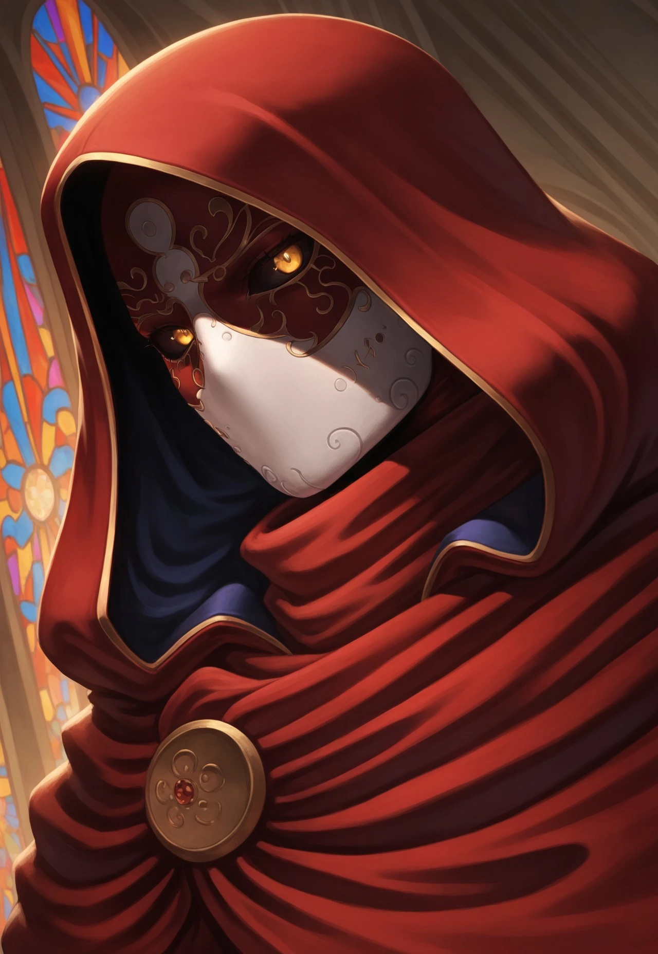 masterpiece, best quality, amazing quality, very aesthetic, absurdres, newest, jackOfBlades, 1boy, solo, mask, yellow eyes, hood, cloak, glowing eyes, black sclera, portrait, close-up, intimidating, sadism, obscured face, shadow, head tilt, dutch angle, no mouth, no jaw, from side, stained glass background