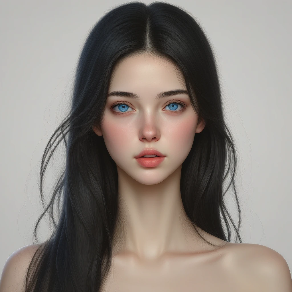 Chinese line art, 1girl, solo, long_hair, black_hair, looking_at_viewer, realistic, lips, parted_lips, simple_background, upper_body, bare_shoulders, white_background, blue_eyes