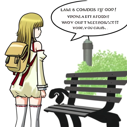binbouchan, from behind, bare shoulders, backpack, ribbon, kyubey, sigh, white thighhighs, park bench, solid circle eyes, juliet sleeves, dirty clothes, ring, comic, shirt, engrish text, :3, ^_^, surprised, upper body, sword