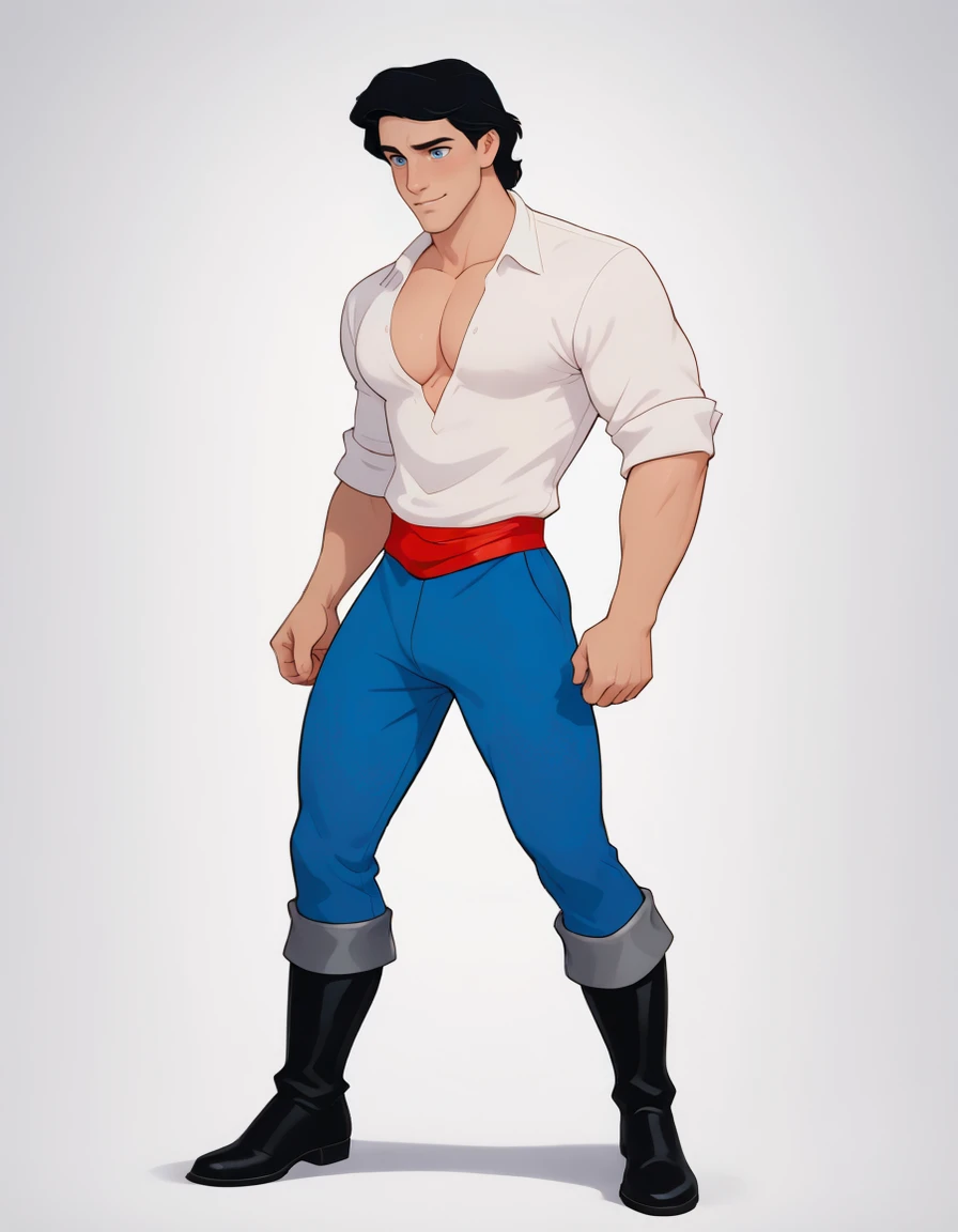 masterpiece, best quality, amazing quality, very aesthetic, high resolution, ultra-detailed, absurdres, newest, colorful, rim light, backlit, highest detailed, very awa,  <lora:Prince_Eric_Illust:0.8> 1boy, male focus, prince_eric, black hair, blue eyes, white shirt, pectoral cleavage, pectorals, red belt, blue pants, black boots, muscular male, parody, solo