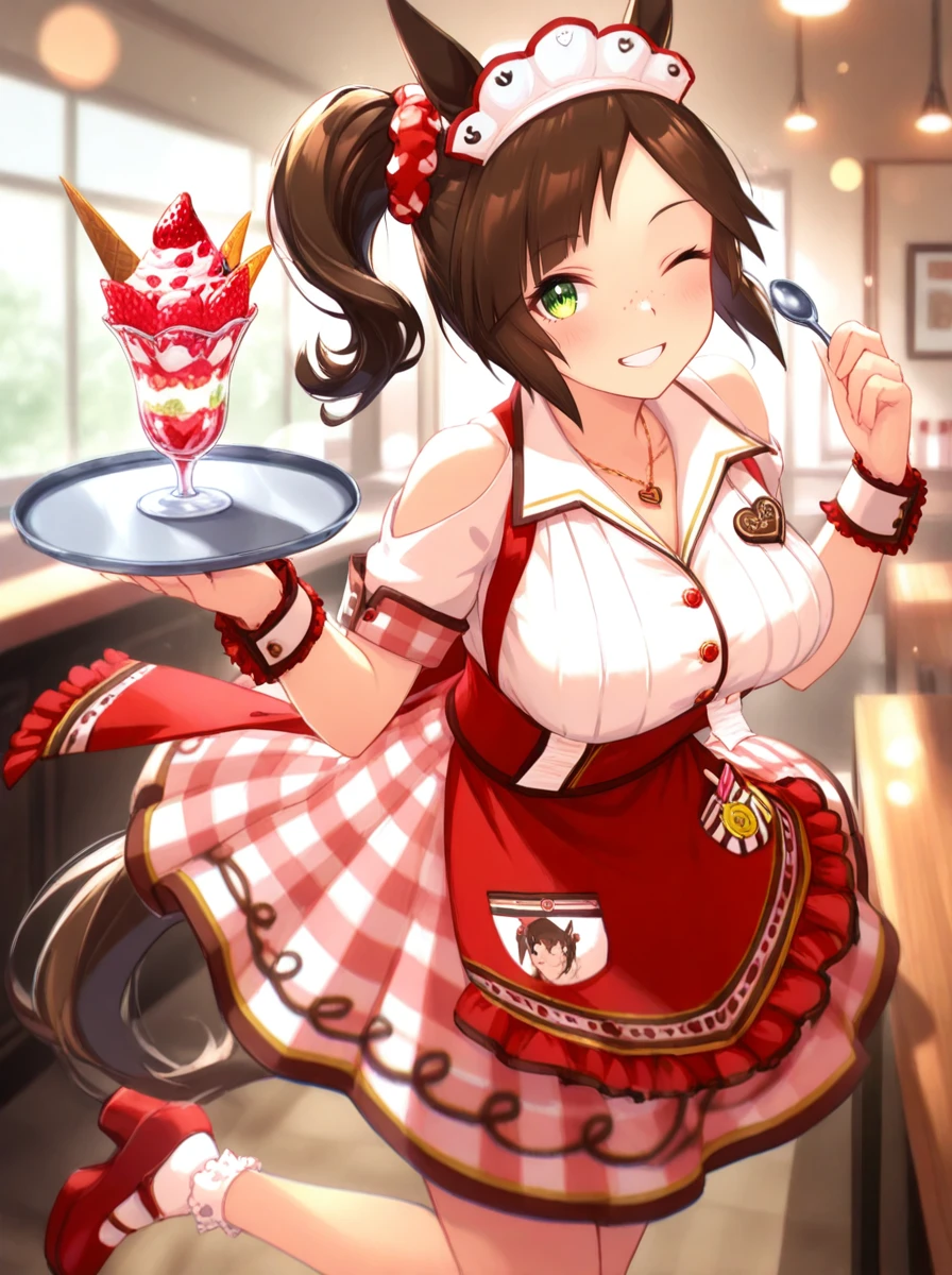 masterpiece, best quality, absurdres,ultra detailed hair,floating hair,
ines fujin \(umamusume\), 1girl, horse ears, tray, shoulder cutout, one eye closed, horse tail, holding tray, full body, red high heels, side ponytail, sundae, white bobby socks, smile, heart on chest, holding, parfait, maid headdress, looking at viewer, food, red apron, grin, short sleeves, freckles, strawberry, necklace, blush, spoon, ice cream, melty gift, high-waist plaid skirt, wrist cuffs, red har scrunchie, white collared shirt
lens flare, motion blur, patisserie,indoors,
<lora:ILL_ines_fujin_tver1.02:1>