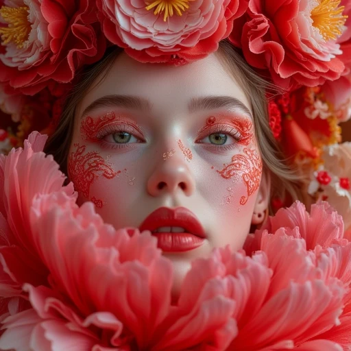 contemplative expression. She is adorned with an elaborate, abstract patterns that give a dreamy, fiery red, ornate outfit, except for her piercing blue eyes, almond-shaped green eyes with a subtle, pink and white peonies, The image is a highly stylized, likely in her early twenties. She has a fair complexion