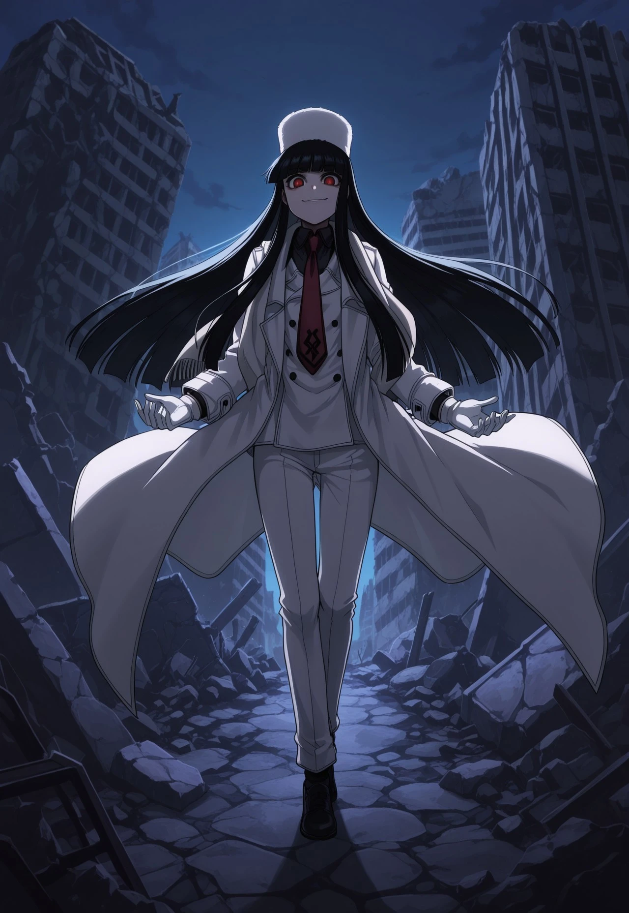 safe_pos, score_9, score_8_up, score_7_up, masterpiece, best quality, Girlycard, solo, 1girl, female focus, black hair, long hair, hime cut, blunt bangs, red eyes, fur hat, white jacket, black shirt, red necktie, white coat, white scarf, white gloves, white pants, black shoes, crazy eyes, smirk, ruins, night, dynamic pose, perspective