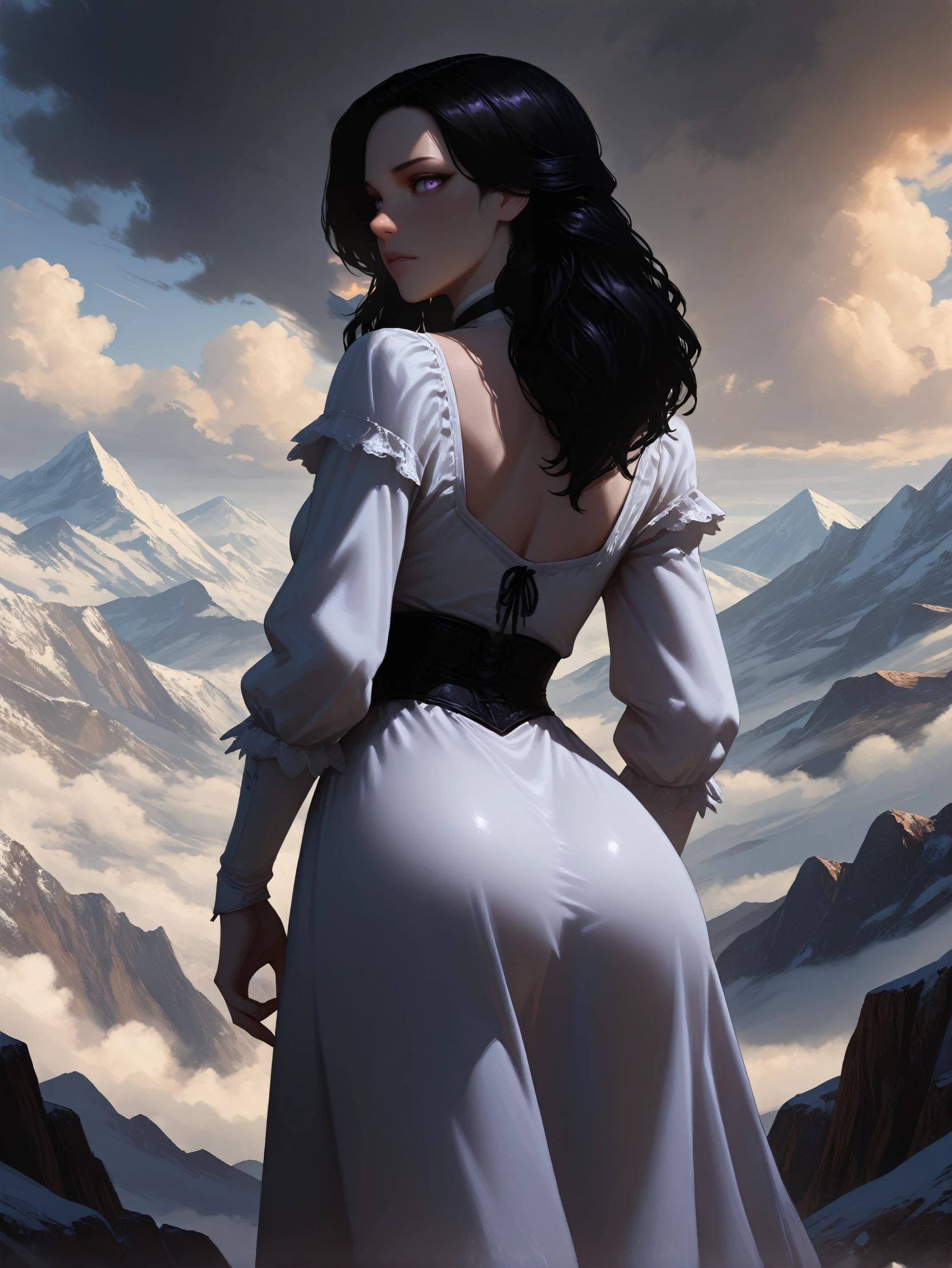 masterpiece, best quality, amazing quality, very aesthetic, absurdres, newest,
<lora:ILTW3Yennefer:1.0>
TW3Yennefer, 1girl, black hair, purple eyes, long hair, looking at viewer, flowy chiffon dress, standing on a mountain peak, dramatic clouds, breathtaking scenery, painterly effect, hyperrealistic details, from behind, looking at viewer