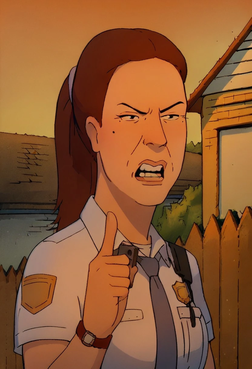 KOTHJaneCooper, 1girl, brown hair, ponytail, black eyes, mature, milf
uncensored, score_9__up, score_9, score_8_up, score_8, score_7_up, score_7, score_6_up, score_6, score_5_up, source_cartoon, highres, Rating_explicit
short sleeves, open mouth, angry, building, pointing, parody, house, mole, watch, police uniform, phone, white shirt, eyewear hang, collared shirt, brown hair, mustache, clenched teeth, necktie, holding, gun, facial hair