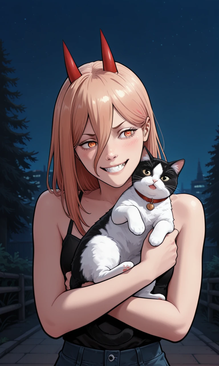 embedding:IllusP0s, artist:schmedefus3, power_\(chainsaw man\), red horns, pointy teeth, smile, holding cat, loving outdoors, night, embedding:IllustriousQual, embedding:Smooth Quality,<lora:artist_schmedefus3_ill.safetensors:1.0:1.0>