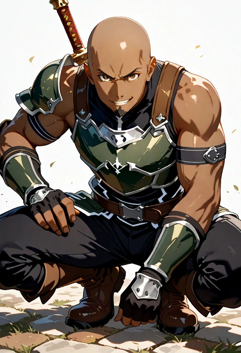 masterpiece,high score,great score,absurdres,year 2025,safe,1boy,male,(adult:1.2),male focus,sword art online,agil,smile,dark skin,dark-skinned male,muscular,muscular male,bald,brown_eyes,v-shaped eyebrows,furrow one's brow,goatee,black goatee,armor,bare shoulders,breastplate,gloves,black gloves,fingerless gloves,belt,boots,brown footwear,weapon,battle axe,weapon on back,looking at viewer,squatting,simple background,white background,