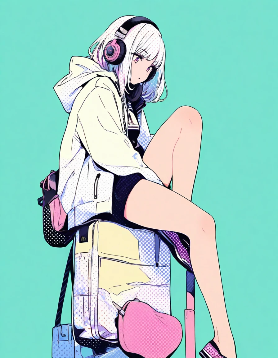 (masterpiece,best quality,amazing quality,highres,newest,absurdres),1girl, simple background, screentones,manimani, <lora:IL-manimani:1>,colorful
BREAK
sitting on object, full body,feet out of frame, hotpants,open jacket,hood, bag,headphones, looking down,holding,one knee up,