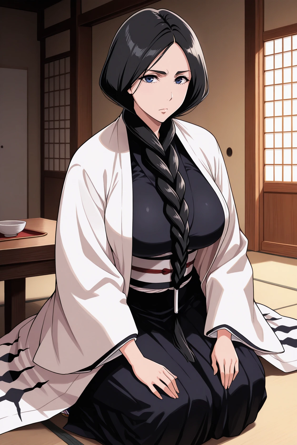 masterpiece, best quality, 1girl, solo, <lora:unohanaretsu-illu-nvwls-v1_1-000007:1> run0hana, black hair, single braid, dark blue eyes, large breasts, white haori, wide sleeves, black kimono, obi, black hakama, sandals, looking at viewer, mature female, seiza, serious, table, east asian architecture, indoors, large breasts, looking at viewer