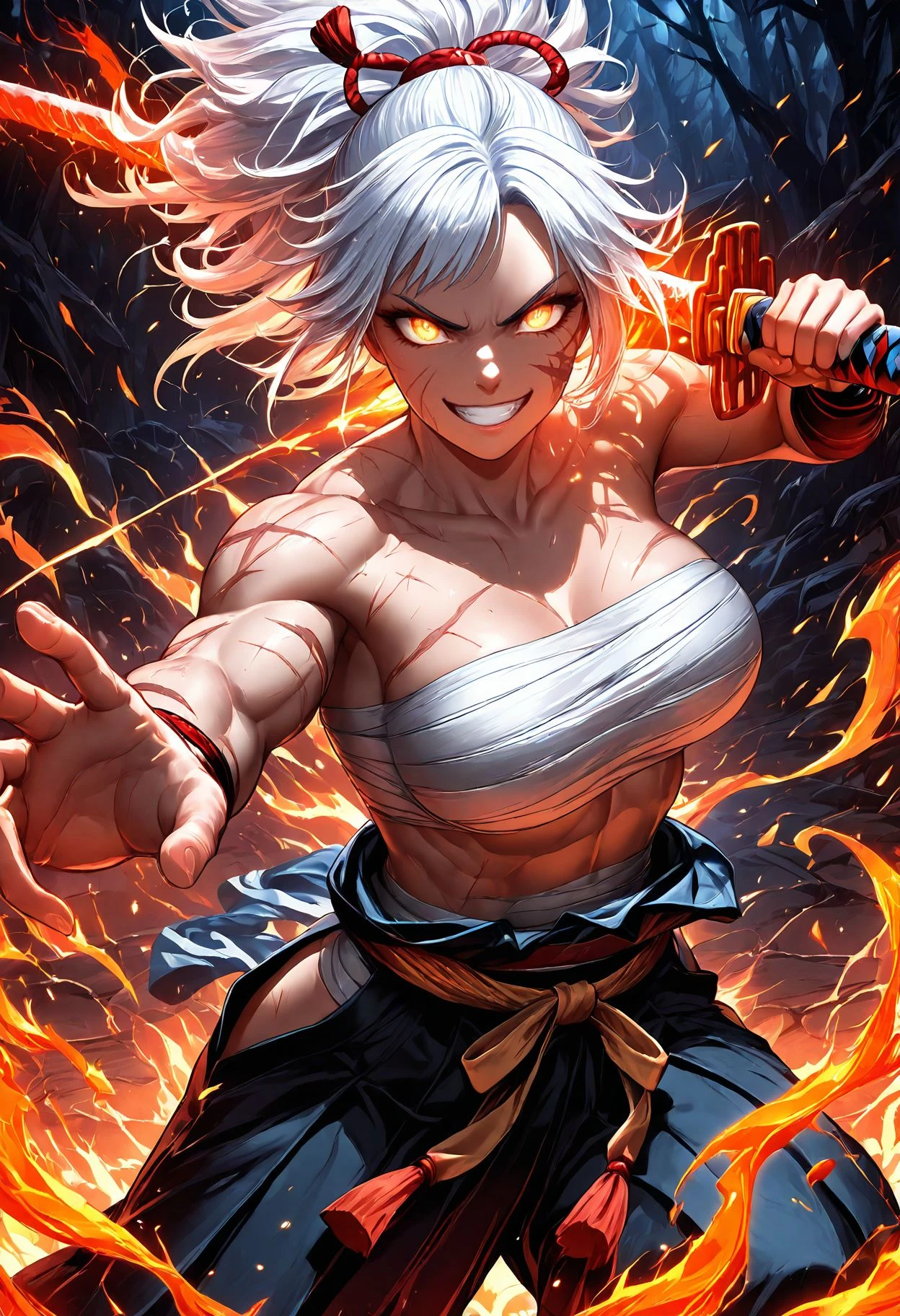 Smooth Quality, 1girl, solo, muscular, grin, v-shaped eyebrows, white hair, sarashi, glowing orange flames, flowing clothes, sash, hakama, scars on face, scars on body, dynamic pose, holding katana, katana over shoulder, reaching towards viewer, dramatic lighting, swirling flames, intense expression, vibrant colors, fantasy setting, battle-ready, epic, dramatic composition, dark and fiery, mystical energy, glowing eyes, powerful stance, dynamic lines, glowing elements, otherworldly, cowboy shot <lora:SmoothMix_Illustrious_v2:1> <lora:Smooth_Booster:0.5> <lora:Smooth_Lighting_Enhancer:0.5>