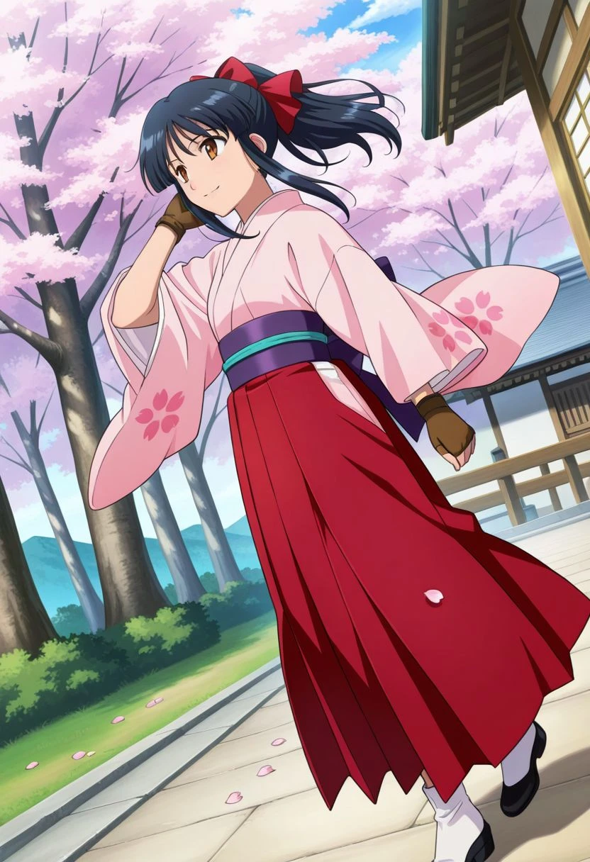 detailed eyes, beautiful, detailed background, perfect eyes,
source_anime, very aesthetic, anime coloring, masterpiece, official art,
<lora:HandFineTuning_XL:1>
BREAK,
sakura tree, japanese village, sakura petals,
full body, dynamic angle, long legs,
looking away, hand on hair, light smile,
BREAK,
<lora:shinguji_illustrious_v01:0.9>
sakuraBase, black hair, hair ribbon, red ribbon, brown hair, ponytail, red bow, sidelocks, bangs,
meiji schoolgirl uniform, japanese clothes, red hakama, floral print sleeves, floral print kimono, purple sash, fingerless gloves, green obijime,
white tabi, black shoes,