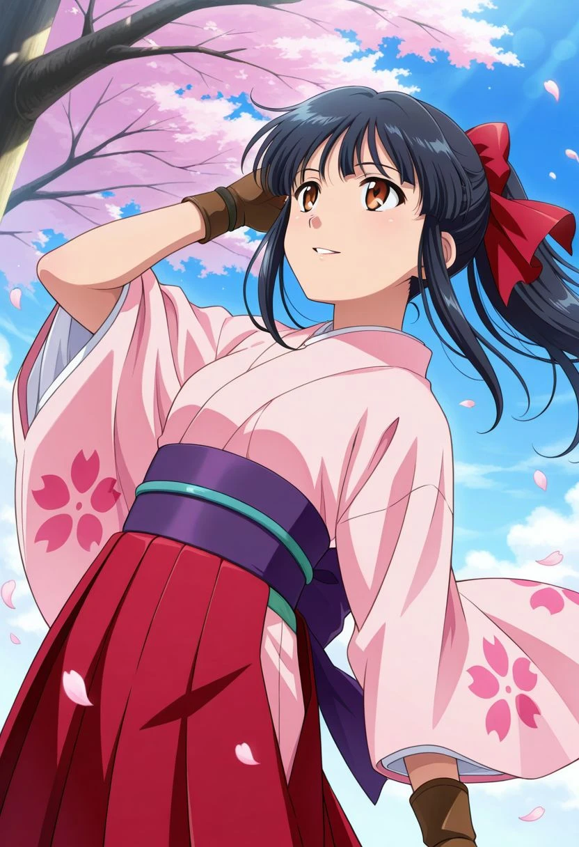 detailed eyes, beautiful, detailed background, perfect eyes,
source_anime, very aesthetic, anime coloring, masterpiece, official art,
<lora:HandFineTuning_XL:1>
BREAK,
sakura tree, japanese village, sakura petals, windy, floating hair,
cowboy shot, dynamic angle,
looking up, hand on hair, light smile, parted lips,
BREAK,
<lora:shinguji_illustrious_v01:0.9>
sakuraBase, black hair, hair ribbon, red ribbon, brown hair, ponytail, red bow, sidelocks, bangs,
meiji schoolgirl uniform, japanese clothes, red hakama, floral print sleeves, floral print kimono, purple sash, fingerless gloves, green obijime,