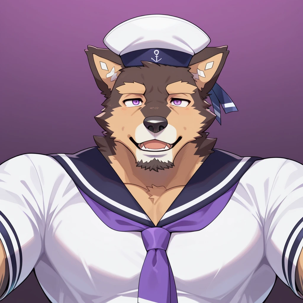 masterpiece, best quality, amazing quality, solo, 1boy, Pubraseer, Purple eyes, Sailor Uniform, Sailor Hat