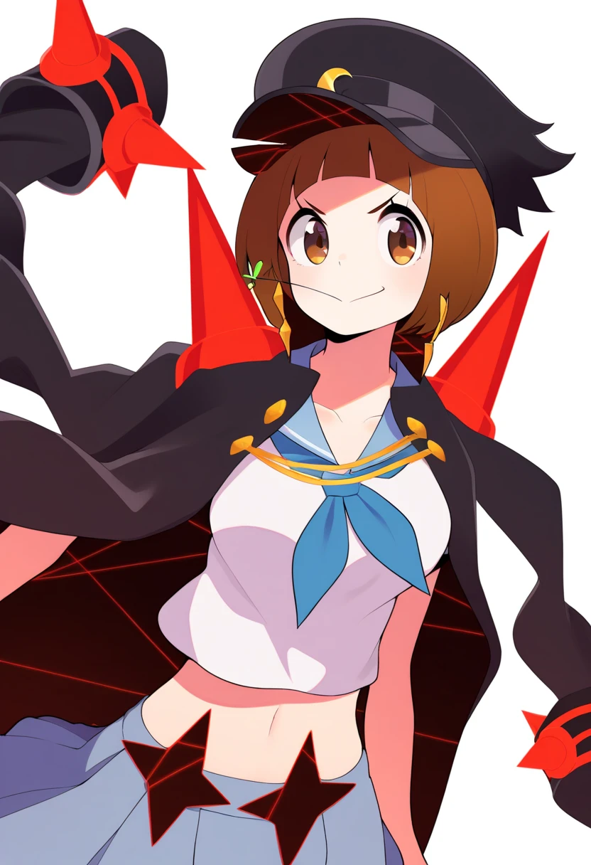 masterpiece, high quality, best quality, 1girl, solo, (muscular female:1.0), (super gigantic breasts:1.0), (closed mouth, half smile), mankanshokumako, brown eyes, brown hair, long hair, bob cut, jacket on shoulders, jacket, spikes, school uniform, serafuku, crescent hat ornament, hat, geta, blue skirt, midriff, navel, anime screencap, anime key visual, (fully clothed:1.0), full body <lora:MakoFightClub:1.0>