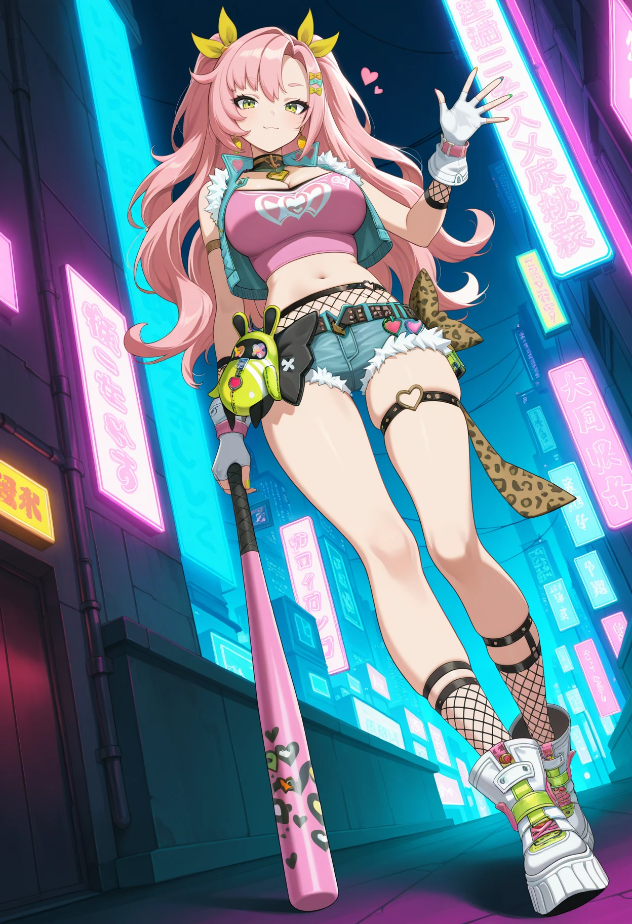 <lora:nicole-000014:1>,
(Nicole_\(Zenless_Zone_Zero\)),solo,long hair,yellow eyes,green eyes,pink hair,mole under eye,gloves,shorts,fingerless gloves,crop top,short shorts,(thigh stra,heart),midriff,belt,earrings,waving,denim shorts,jacket,hair ornament,fishnet socks,very long hair,navel,large breasts,short shorts,cutoffs,smile,pink shirt,looking at viewer,mole,twintails,bare shoulders,blush,sleeveless jacket,closed mouth,:3,skindentation,bow,cleavage,white footwear,leopard print,multicolored nails,hair bow,thighs,masterpiece,dutch angle,full body,cyberpunk,outdoors,city,neon lights,from_below,holding,holding baseball bat