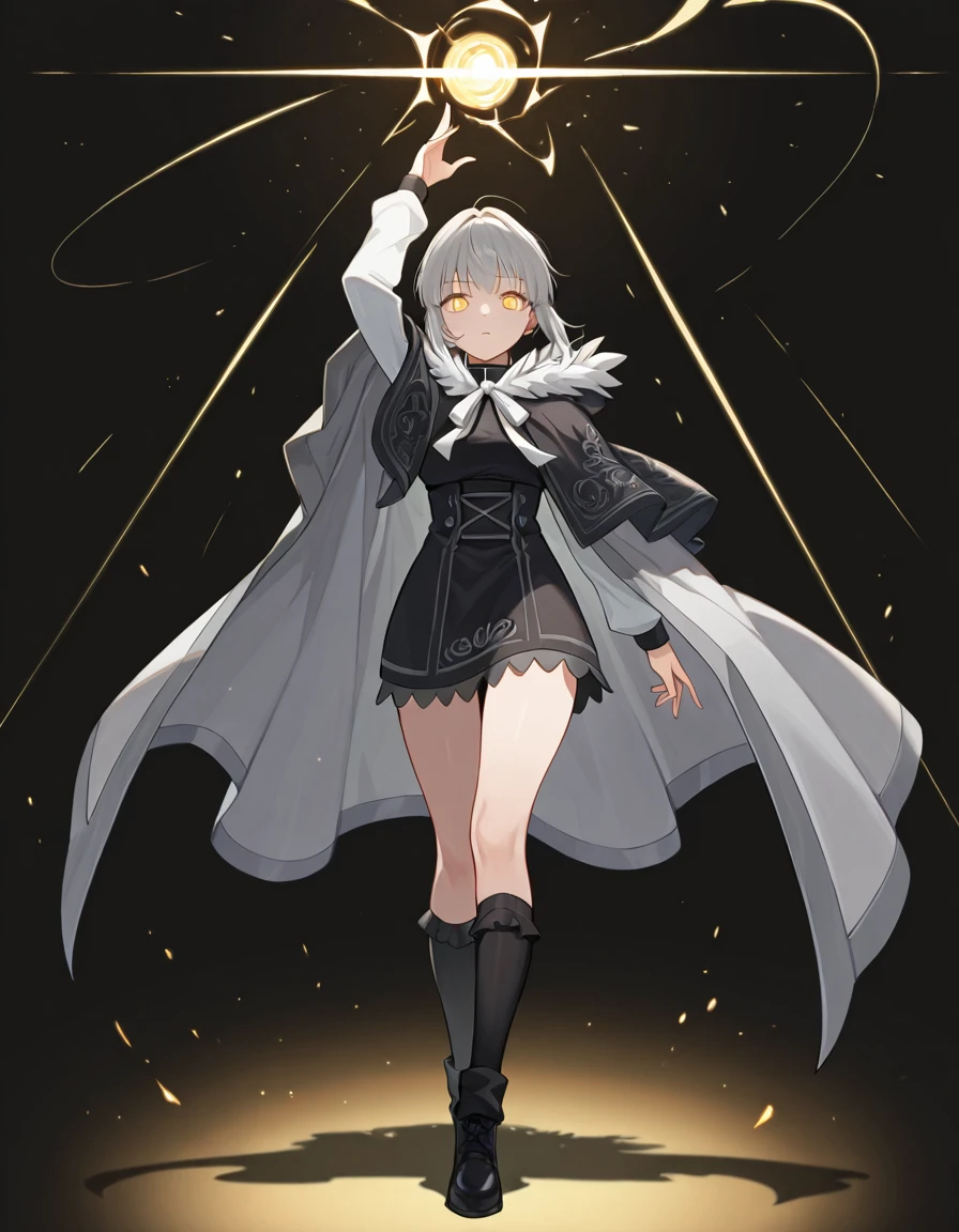 Volumetric Lighting, (masterpiece), (best quality), (ultra-detailed), masterpiece, source_anime, score_9, score_8_up, score_7_up BREAK, illustration, disheveled hair, detailed eyes, perfect composition, moist skin, intricate details BREAK, light depth, detailed face BREAK, Gray, grey hair, gold eyes, short hair, sidelocks BREAK, Grayalt, alt_hooded_cloak, alt_fur_trim_capelet, alt_dress, shirt ribbon, alt_neck_ribbon BREAK, ((black background)), looking at viewer,staring, (((one arm up))), detailed fingers, hood down, outstreched arm, full body, alt_socks, alt_boots,shadow, energy ball, golden energy ball, charging energy ball, golden glitter, long sleeves, glowing eyes, white sleeves
