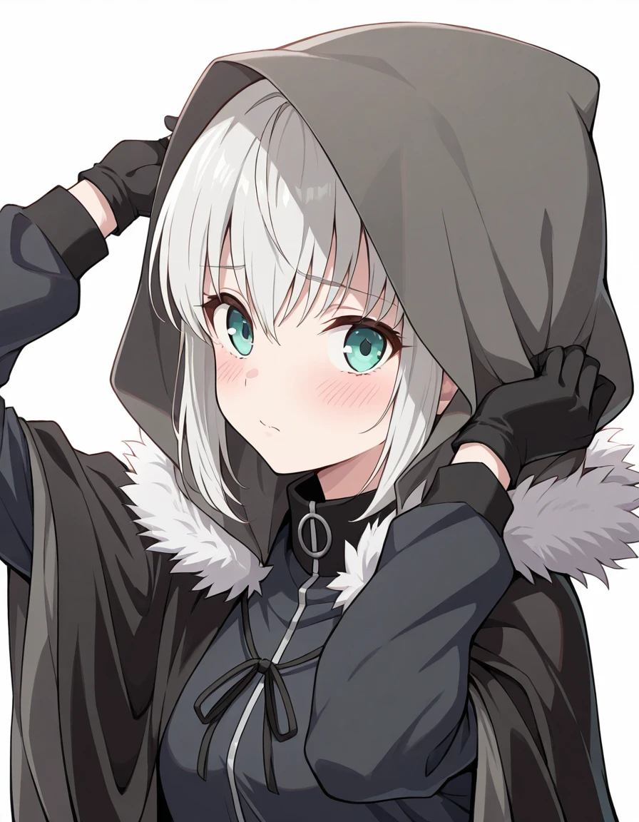 Volumetric Lighting, (masterpiece), (best quality), (ultra-detailed), masterpiece, source_anime, score_9, score_8_up, score_7_up BREAK, illustration, disheveled hair, detailed eyes, perfect composition, moist skin, intricate details BREAK, light depth, detailed face BREAK, Gray, grey hair, green eyes, short hair, sidelocks BREAK, Graydef, def_track_jacket, def_neck_ribbon, hood up, def_fur_trim_capelet, def_hooded_cloak, def_gloves BREAKK, ((white background)), looking at viewer, upper body, holding hood, covering head, blush, from side, blush embarassed