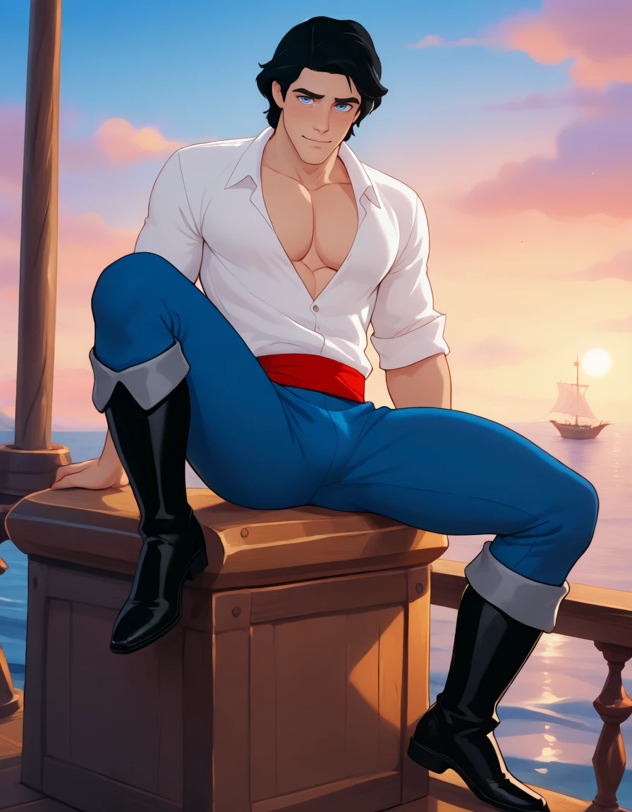 masterpiece, best quality, amazing quality, very aesthetic, high resolution, ultra-detailed, absurdres, newest, colorful, rim light, backlit, highest detailed, very awa, <lora:Prince_Eric_Illust:0.8> 1boy, male focus, prince_eric, black hair, blue eyes, white shirt, pectoral cleavage, pectorals, red belt, blue pants, black boots, muscular male, parody, solo, on a ship at sea