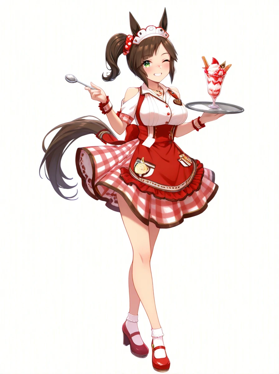 masterpiece, best quality, absurdres,ultra detailed hair,floating hair,
ines fujin \(umamusume\), 1girl, horse ears, tray, shoulder cutout, one eye closed, horse tail, holding tray, full body, red high heels, side ponytail, sundae, white bobby socks, smile, heart on chest, holding, parfait, maid headdress, looking at viewer, food, red apron, grin, white background, short sleeves, freckles, strawberry, necklace, blush, spoon, ice cream, melty gift, high-waist plaid skirt, wrist cuffs, red har scrunchie, white collared shirt
<lora:ILL_ines_fujin_ver1.0:0.85>