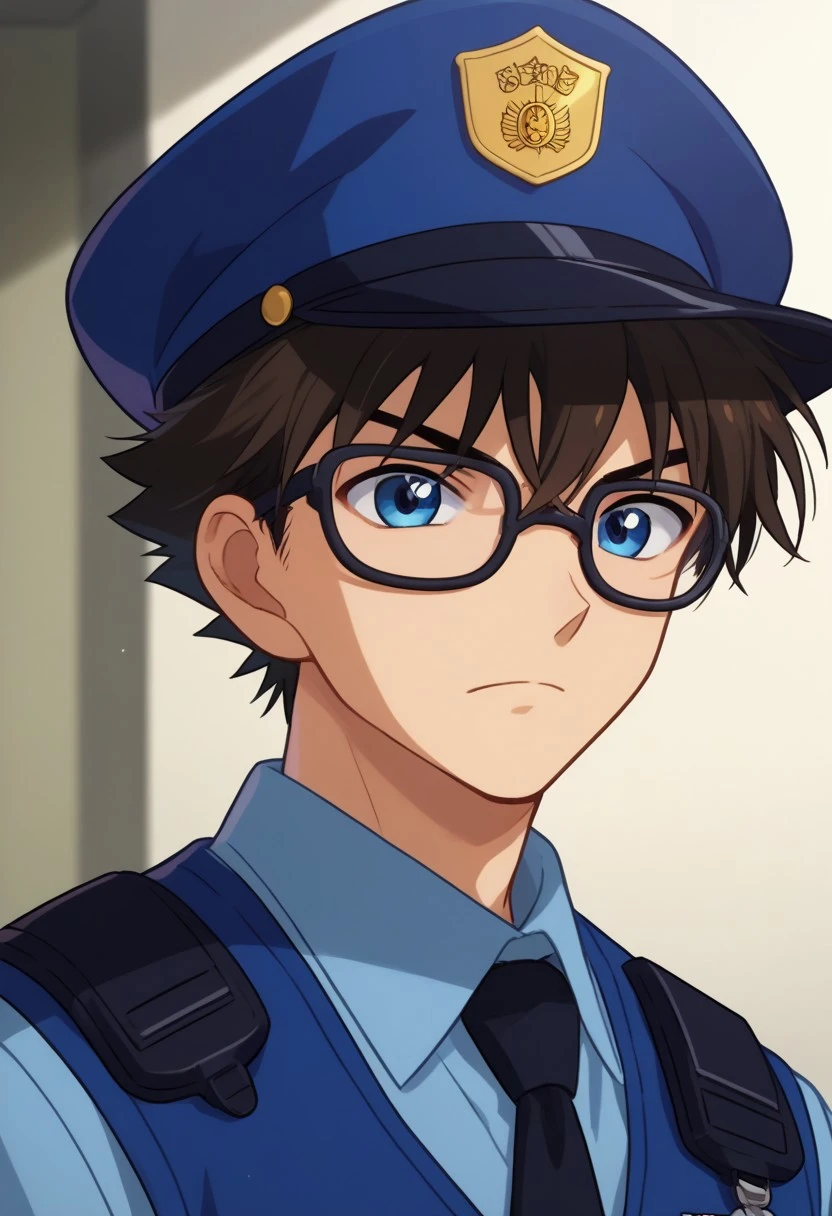 Anime character in uniform and glasses standing in front of a wall ...
