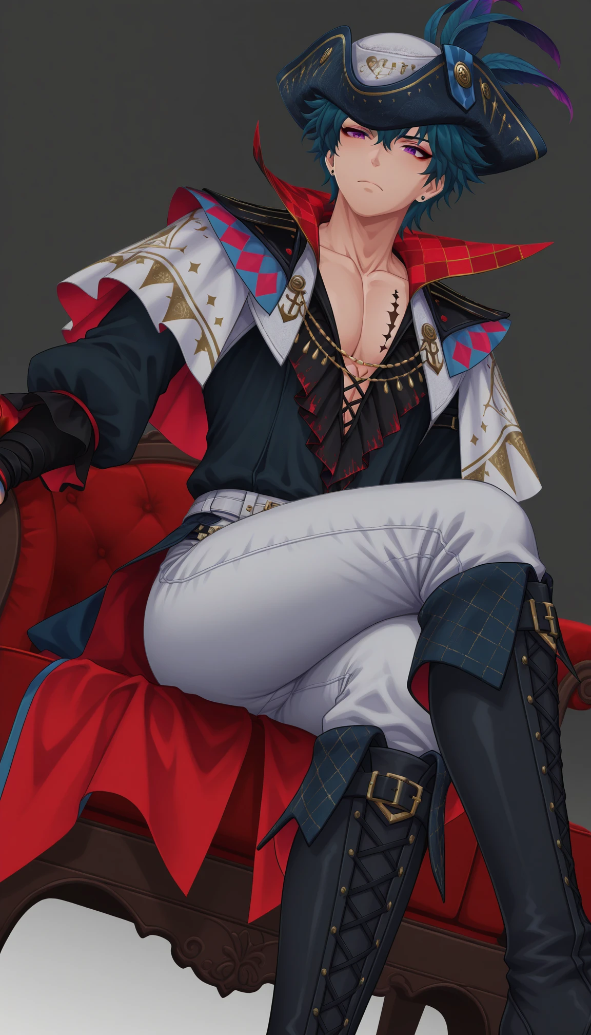 dutch angle, male focus, ,male focus, solo, mature male, moaning, bulante, purple eyes, blue hair, hat, feathers, black shirt, makeup, pectoral cleavage, puffy sleeves, tattoo, capelet, ribbon, knee boots,
serious, closed mouth, crossed legs,
detailed, perfect anatomy, masterpiece, best quality, good quality, newest, very aesthetic, <lora:bulante ill:1>