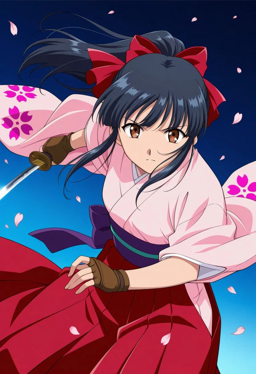 detailed eyes, beautiful, detailed background, perfect eyes,
source_anime, very aesthetic, anime coloring, masterpiece, official art,
<lora:HandFineTuning_XL:1>
BREAK,
dark blue background, sakura petals, action effects,
cowboy shot, dynamic angle,
serious, dynamic pose, unsheathing katana,
BREAK,
<lora:shinguji_illustrious_v01:0.9>
sakuraBase, black hair, hair ribbon, red ribbon, brown hair, ponytail, red bow, sidelocks, bangs,
meiji schoolgirl uniform, japanese clothes, red hakama, floral print sleeves, floral print kimono, purple sash, fingerless gloves, green obijime,
