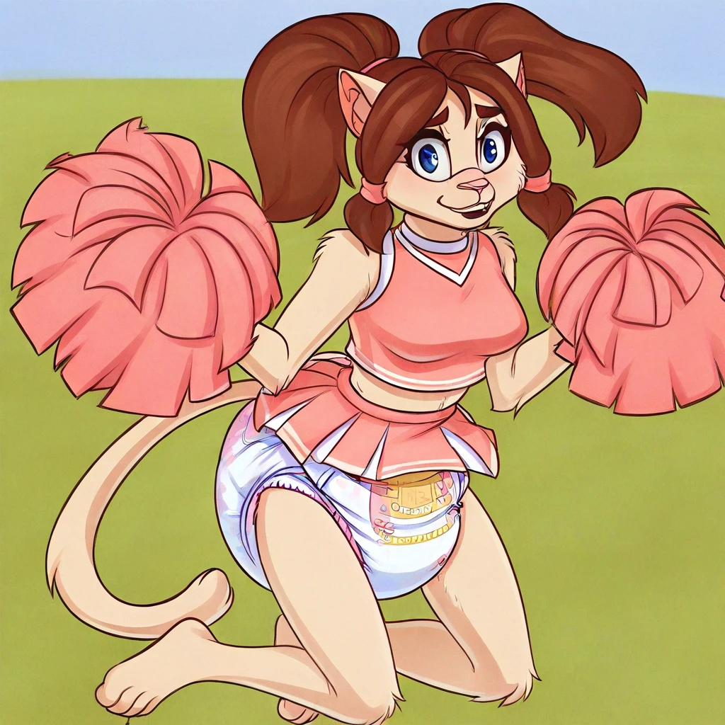 Emily(Pad), solo, 1girl, anthro, female furry, catgirl, tan fur, brown hair, pigtails, sidelocks, blue eyes, pink nose, full body, looking at viewer, medium breasts, diaper, pink cheerleader outfit, pom-poms, jumping, in the air, cowboy shot, schoolyard setting, excited expression,