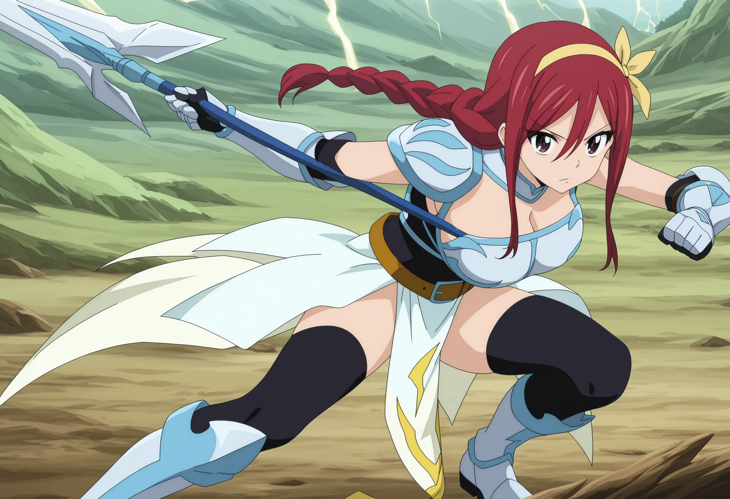 anime screencap, anime coloring, masterpiece, best quality, perfect face,
<lora:Erza_Scarlet_Fairy_Tail_100_Years_Quest_art_style:1>,
outside, in a cicty, Lightning Empress's Armor (outfit), 1girl, armor, weapon, red hair, long hair, solo, polearm, cosplay, holding weapon, yellow hairband, black thighhighs, holding, single braid, brown eyes, ribbon, spear, boots, gauntlets, large