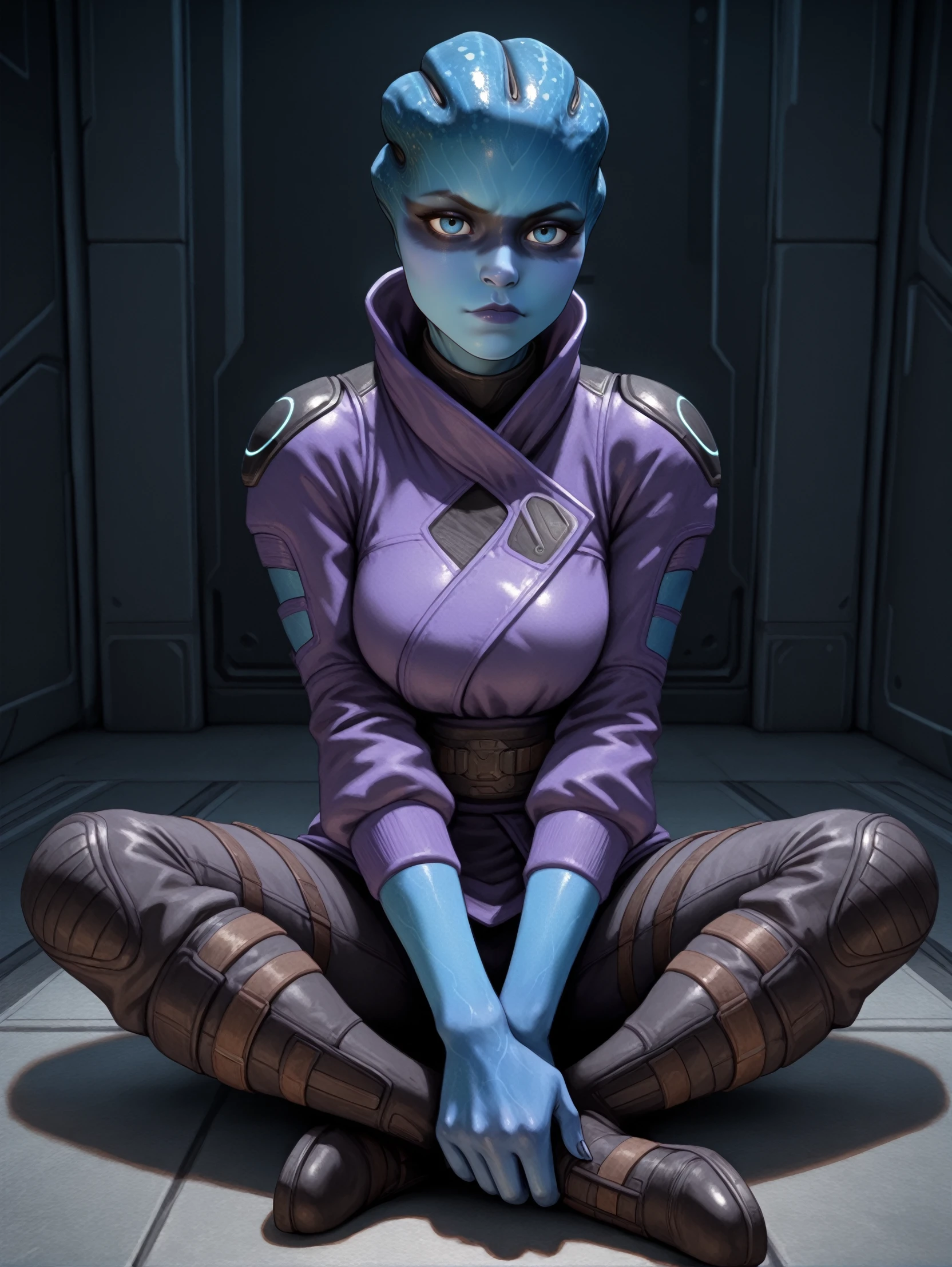 masterpiece, best quality, amazing quality, very aesthetic, absurdres, newest,
<lora:ILMEAPeebee:1.0>
MEAPeebee, 1girl, blue skin, blue eyes, face paint, alien, looking at viewer, Sitting cross-legged on the floor